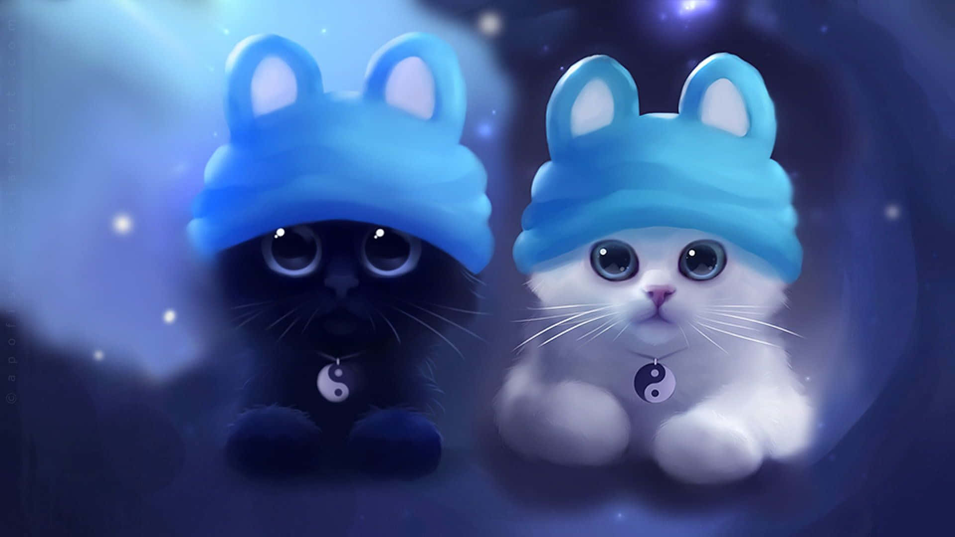 Cute Animated 桌布 壁紙 — 兩隻毛茸茸的小貓，一黑一白，都戴著藍色兔兔帽，掛著陰陽標籤，在星空宇宙背景下溫柔地凝視。