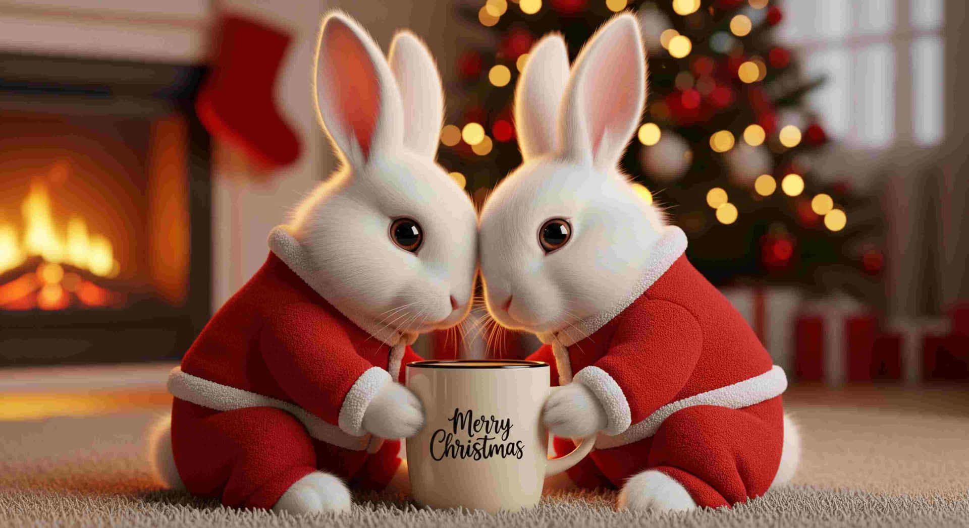 Christmas Bunnies Holiday Wish 壁紙 — 兩隻毛茸茸的白兔穿著紅色聖誕老人套裝，在舒適的壁爐旁啜飲著『Merry Christmas』馬克杯，背景是閃閃發光的聖誕樹。