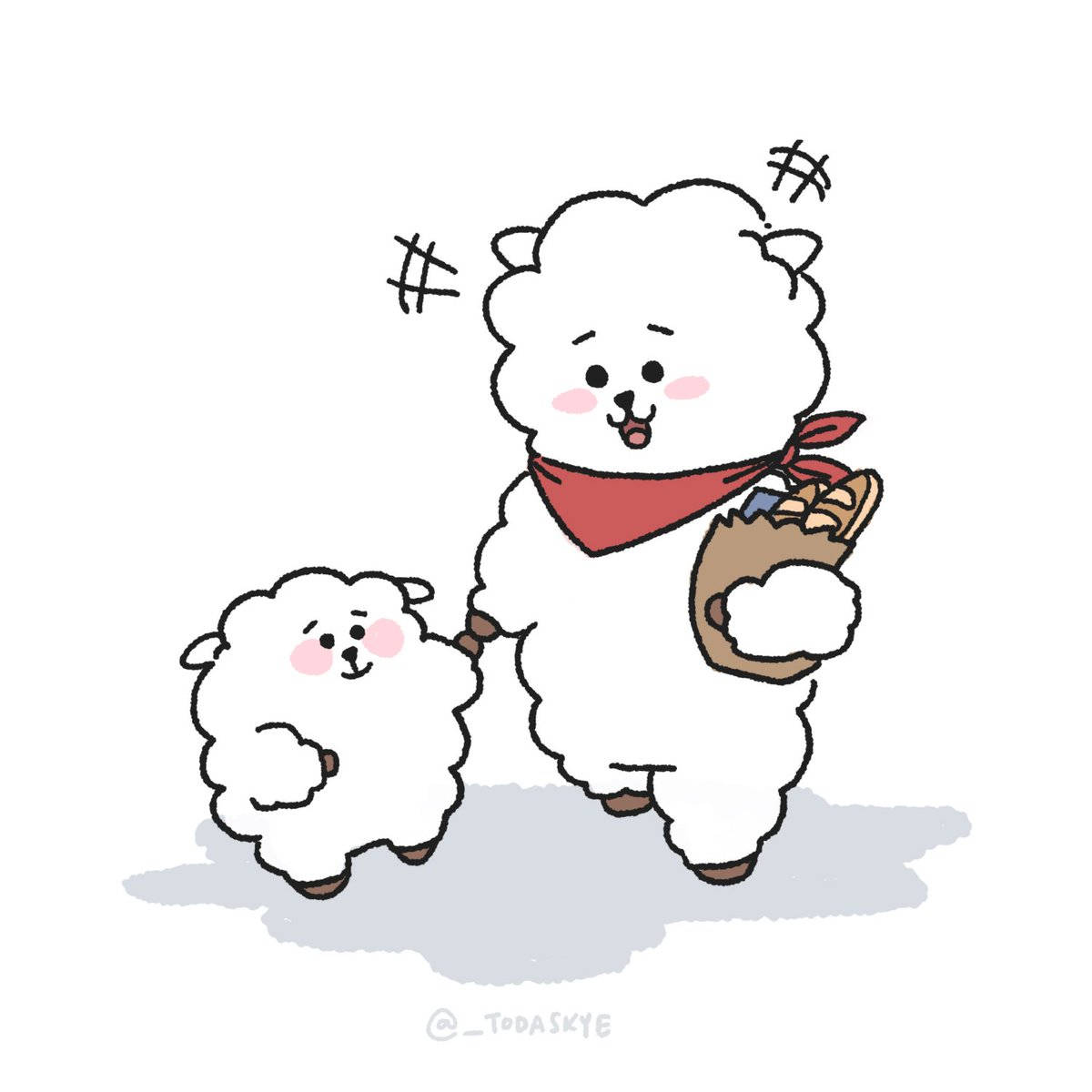 rj bt21 桌布 壁紙 — 兩隻毛茸茸的白色卡通羊駝，一隻成年羊駝戴著紅色頭巾拿著袋子，在淺灰色地面上走在一隻較小的羊駝旁邊。