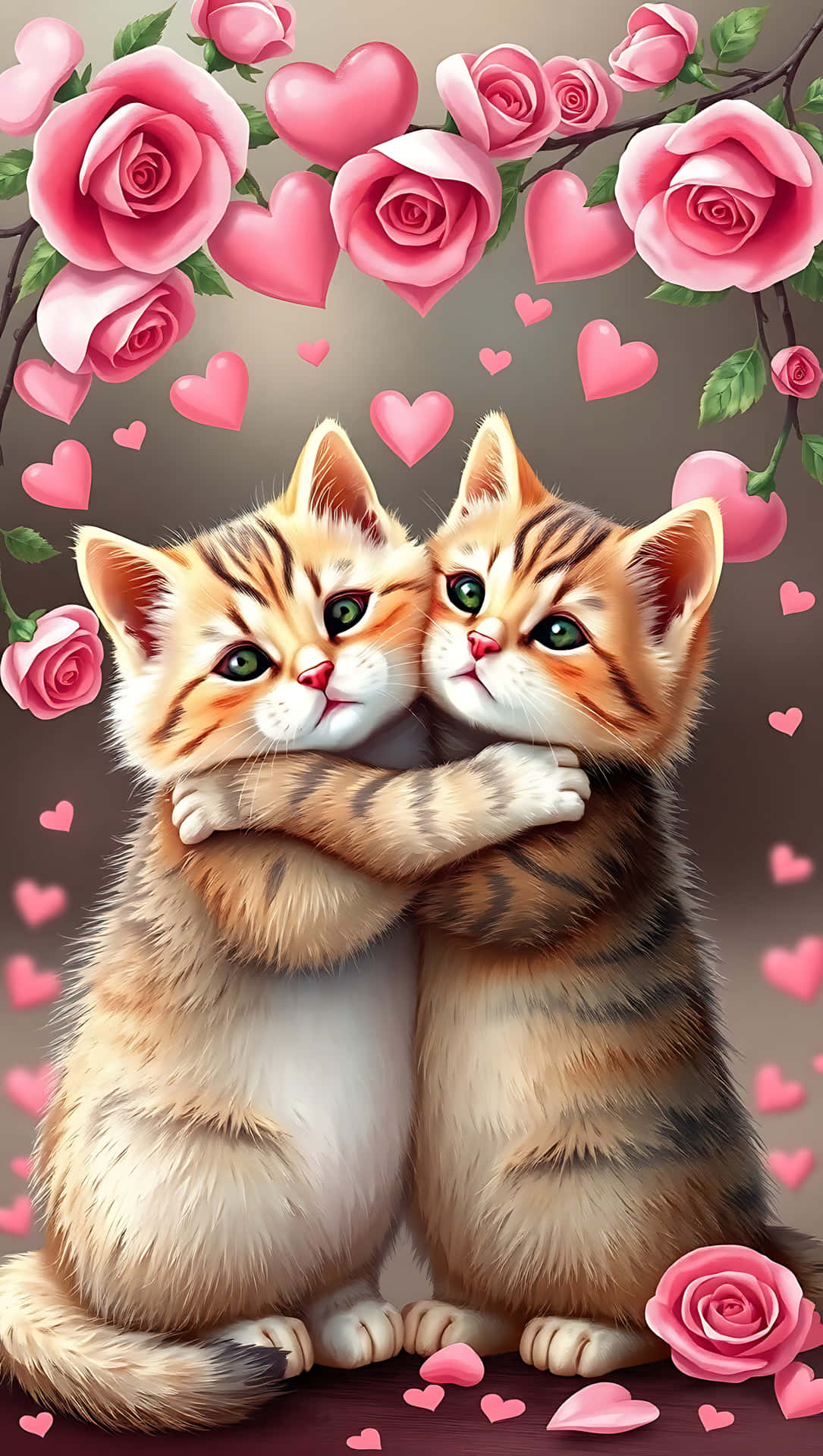 Sweet Hug: Cats in Love. smartphone wallpaper 壁紙 — 兩隻毛茸茸的虎斑小貓在粉紅玫瑰和心形圖案的瀑布下擁抱，背景是柔和的灰色。