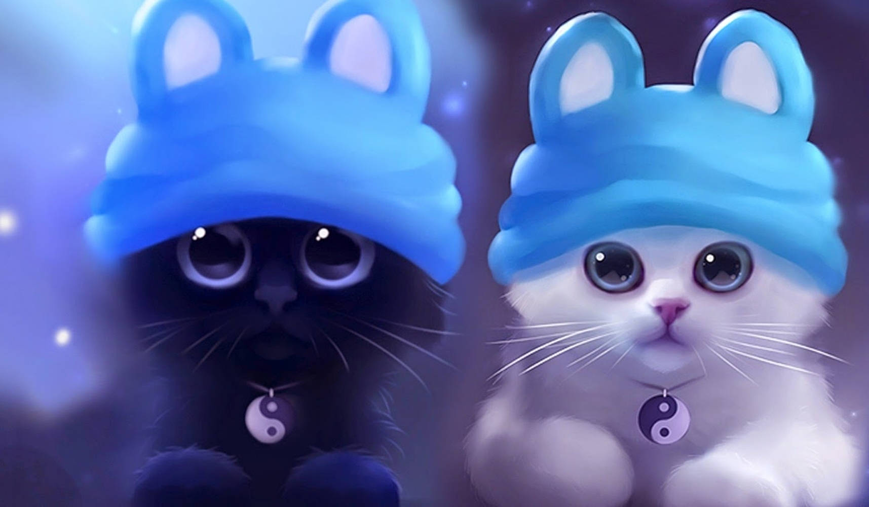 Beautiful Cats 桌布 壁紙 — 兩隻毛茸茸的貓，一黑一白，都戴著藍色兔子帽，掛著陰陽標籤，在星光宇宙背景下溫柔凝視。