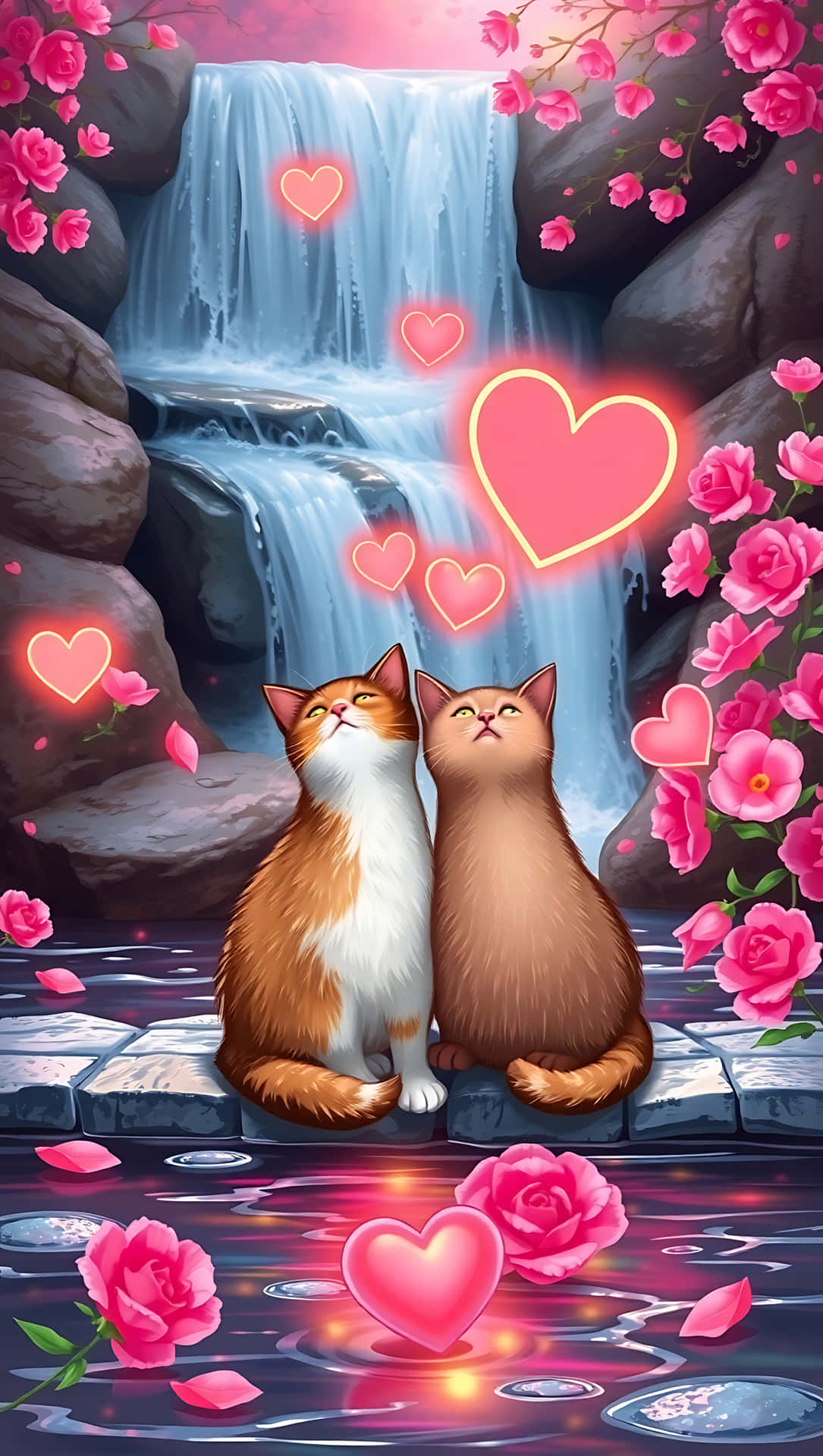 Cats in Love by a Valentine’s Stream, smartphone wallpaper 壁紙 — 兩隻毛茸茸的貓咪並排坐在瀑布旁的石頭上，周圍環繞著發光的愛心和鮮豔的粉紅玫瑰。
