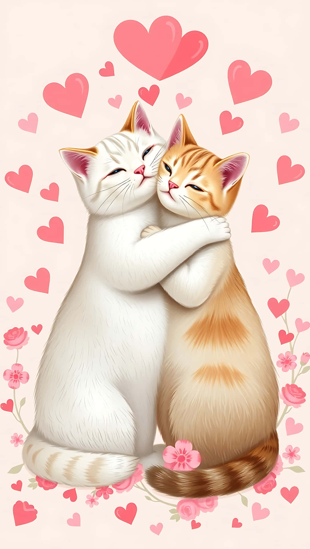 Valentine’s Hug with Cats and Hearts smartphone wallpaper 壁紙 — 兩隻毛茸茸的貓咪在柔和的粉彩背景上，於飄浮的粉紅愛心和盛開的花朵間溫柔擁抱。