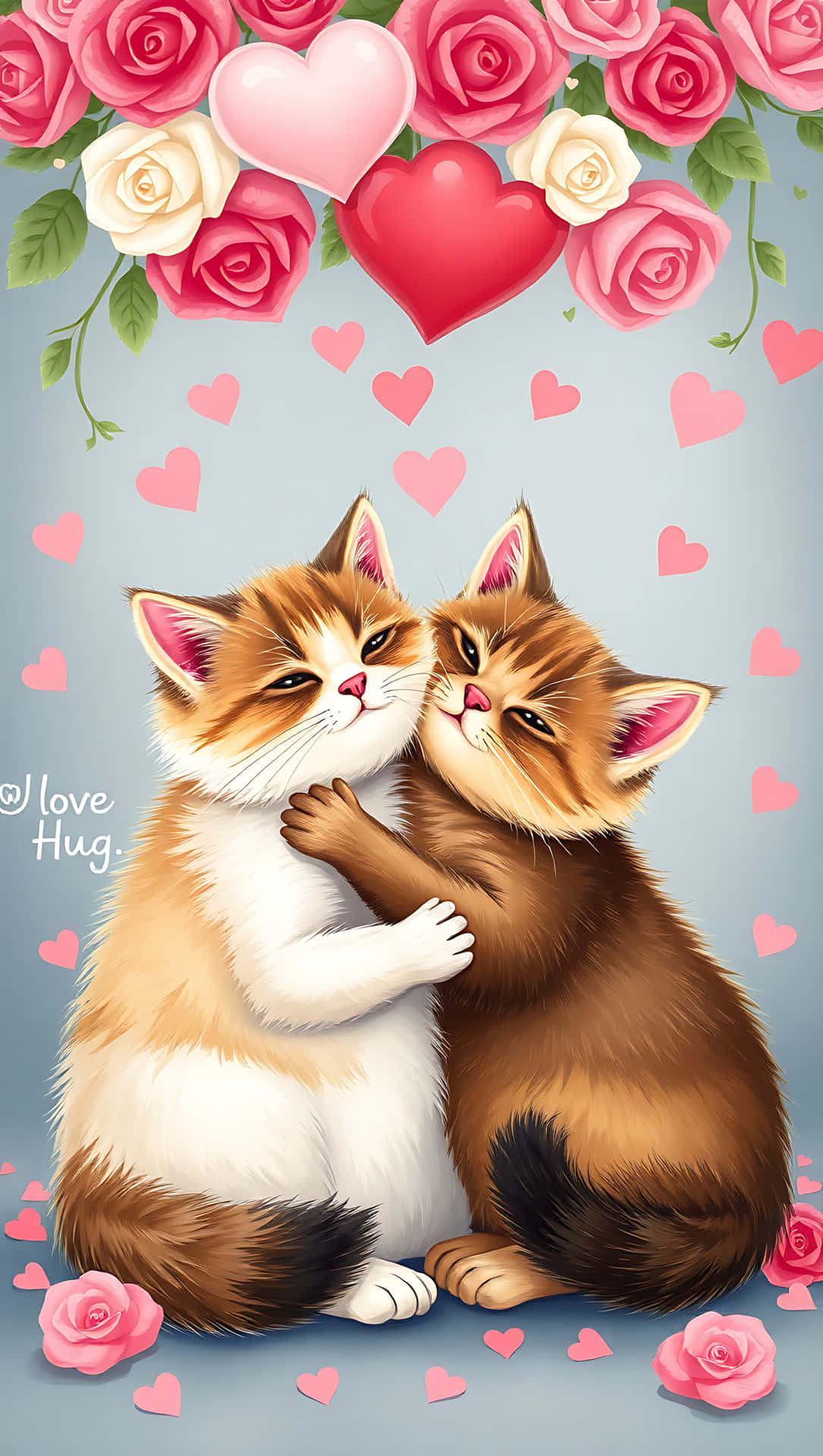 Sweet Hug: Cats in Love. smartphone wallpaper 壁紙 — 兩隻毛茸茸的貓咪在粉紅玫瑰瀑布和漂浮心形下溫柔擁抱，背景是柔和的藍色。