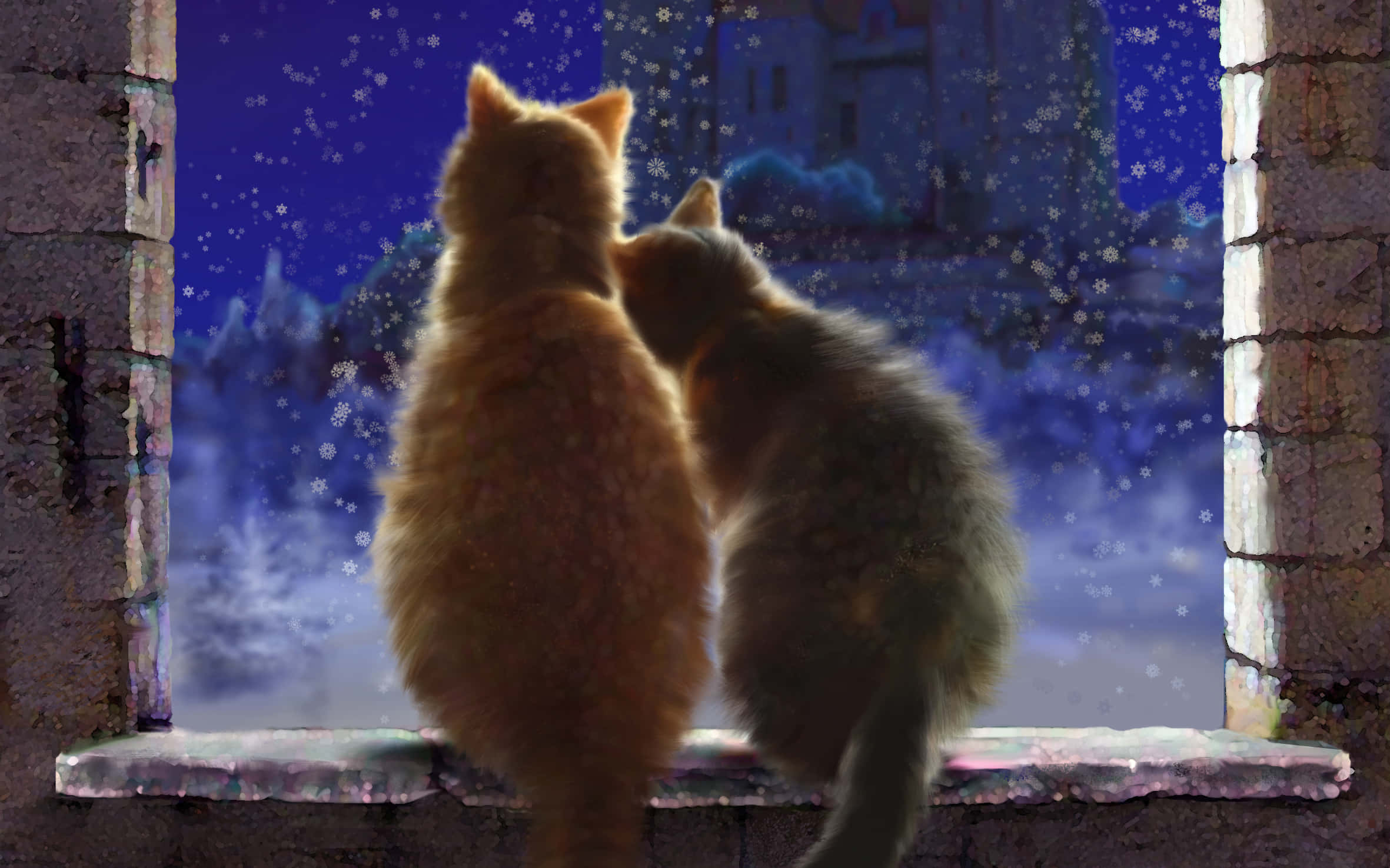Beautiful Cats 桌布 壁紙 — 兩隻毛茸茸的貓咪從石窗望向雪夜，雪花飄落，遠處有城堡。