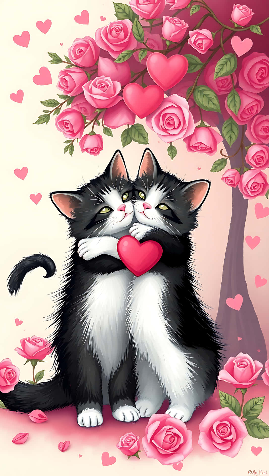 Sweet Hug: Cats in Love. smartphone wallpaper 壁紙 — 兩隻毛茸茸的黑白小貓在粉紅玫瑰樹下依偎，樹上拿著一個被漂浮愛心包圍的紅色愛心。