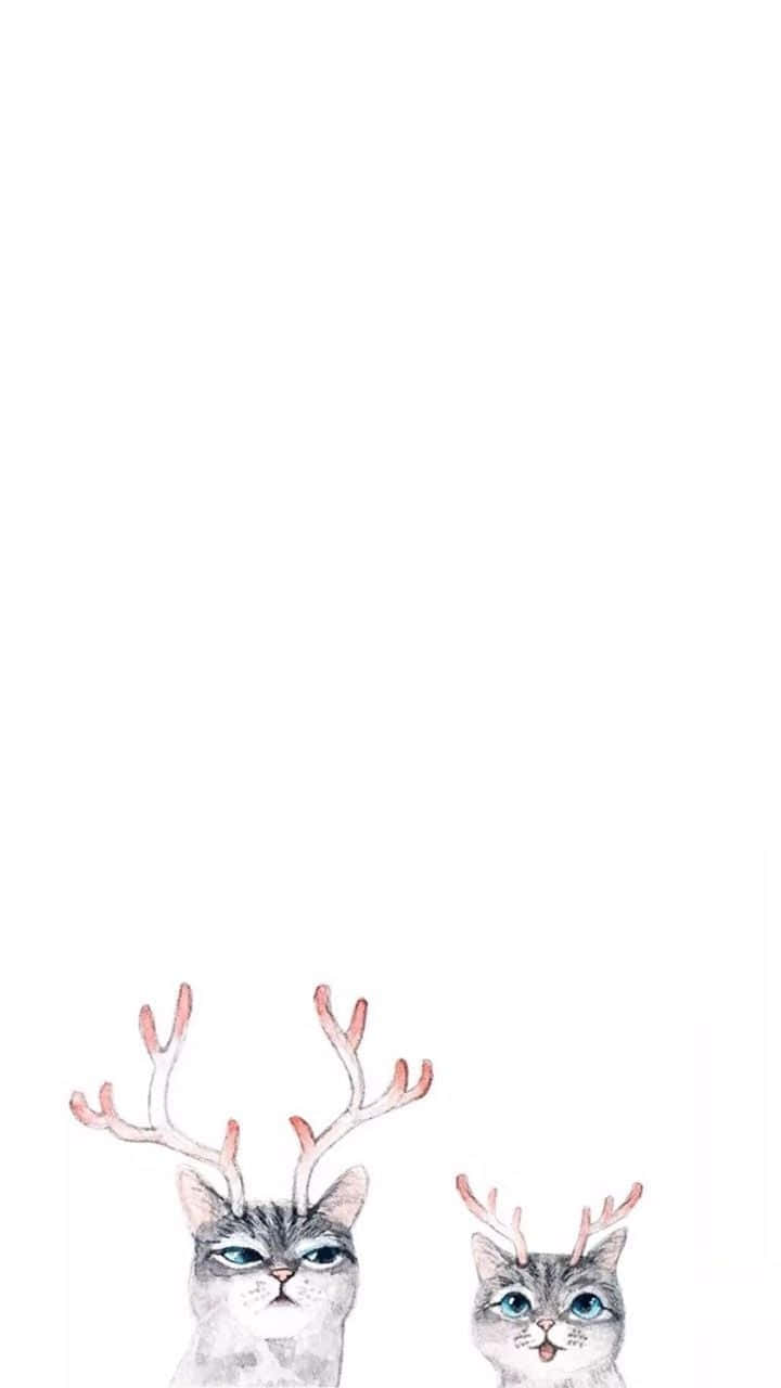 Cute Cat 桌布 壁紙 — 兩隻水彩貓咪長著細小的鹿角，在純白背景上向上凝視。
