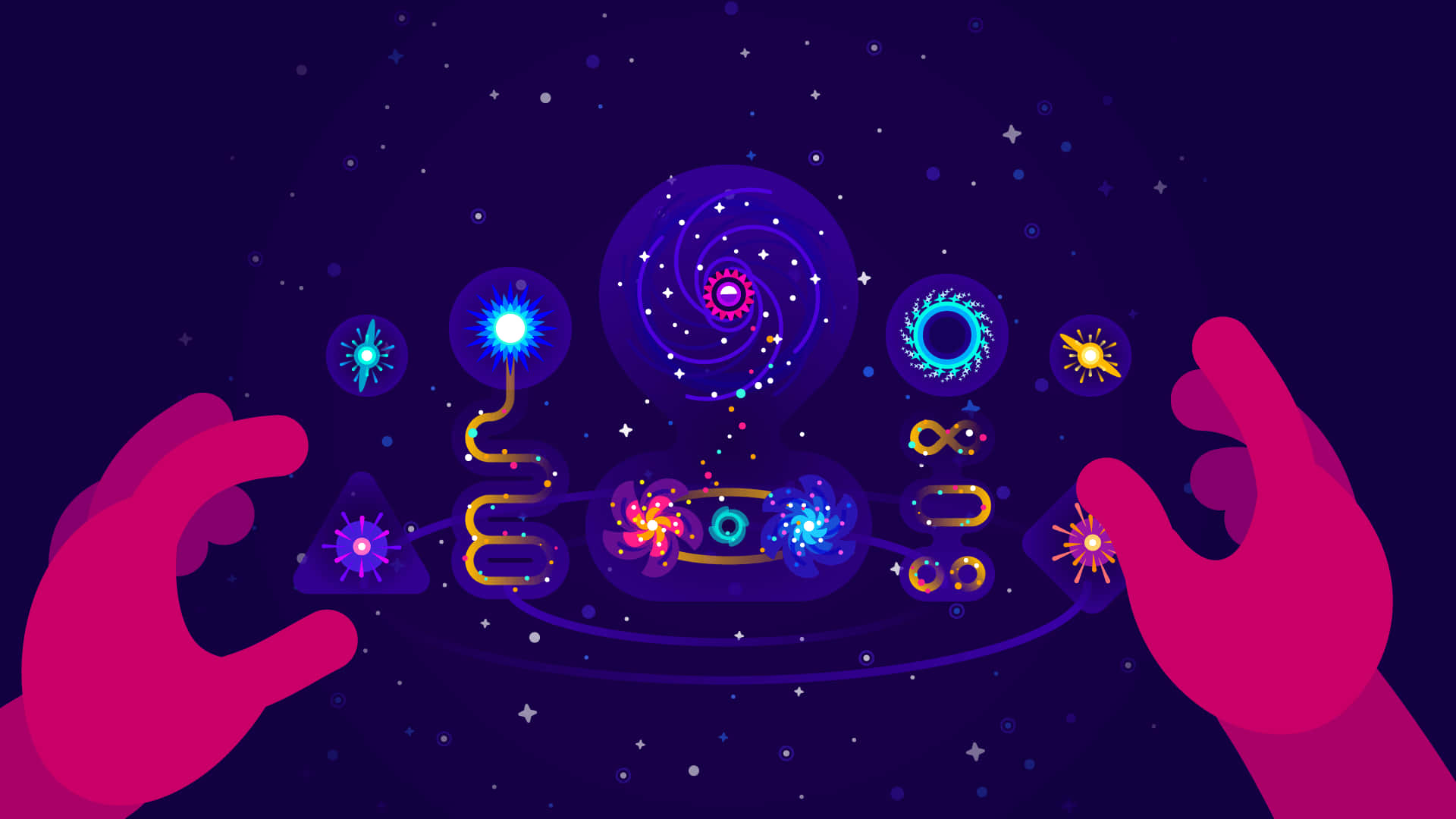 Animated 桌布 壁紙 — 兩隻洋紅色的手輕輕托住發光的宇宙符號，背景是佈滿星星的紫色虛空。