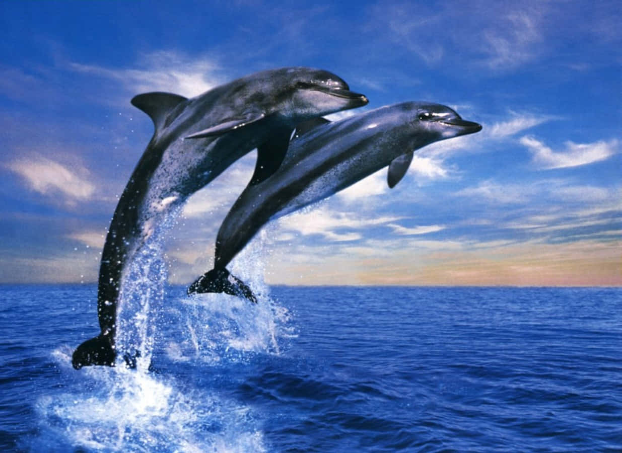 dolphins 桌布 壁紙 — 兩隻海豚在佈滿散雲的鮮豔天空下，從深藍色的海洋中優雅地躍起。