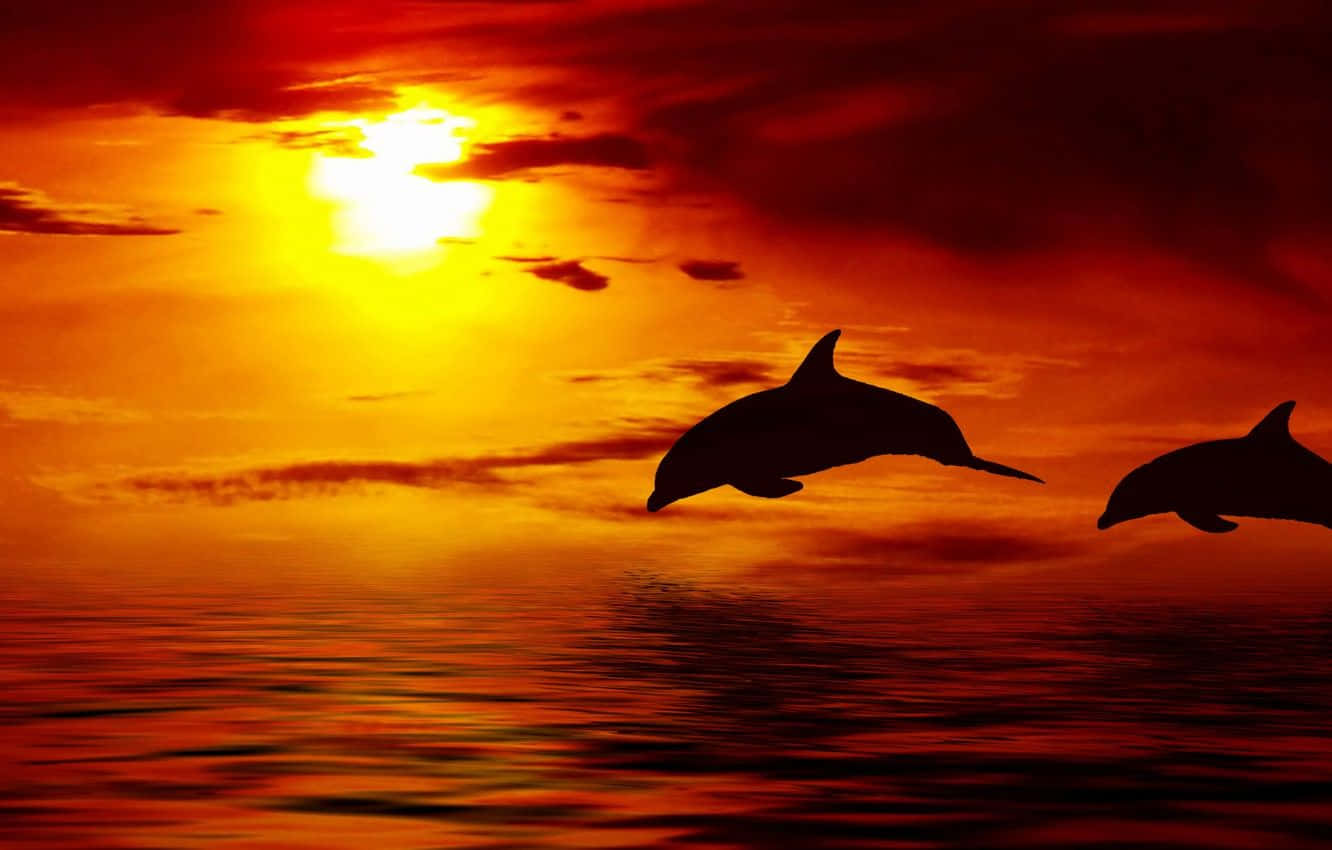海豚 桌布 壁紙 — 兩隻海豚在平靜的水面上以剪影躍起，襯著火紅橙色的日落。