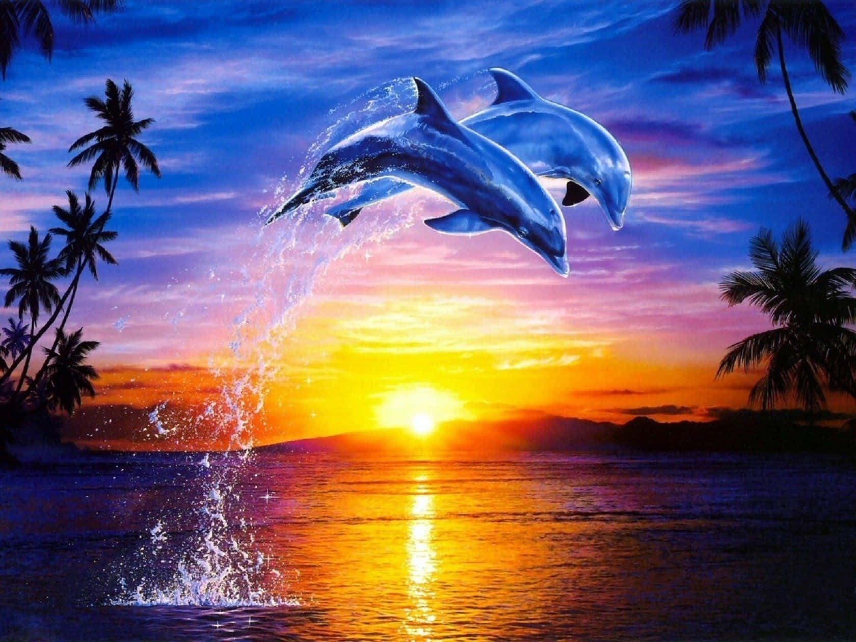 桌布 壁紙 — 兩隻海豚在熱帶海洋上同步跳躍，日落時分棕櫚樹在火紅的天空中形成剪影。