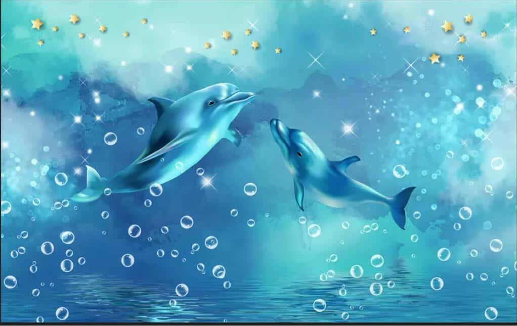 graphic design 桌布 壁紙 — 兩隻海豚在閃閃發光的碧綠海水中歡快地跳躍，海水點綴著金色的星星和閃爍的氣泡。