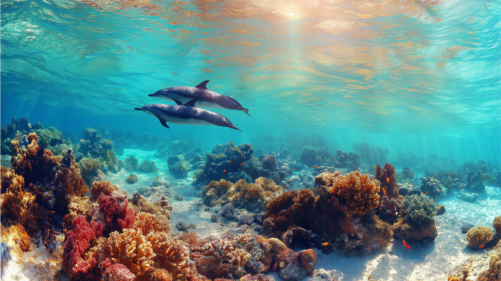 Graceful Dolphins Over Vibrant Coral Reef Underwater Scene 壁紙 — 兩隻海豚在陽光穿透碧綠海水、灑滿金色光芒的 vibrant 珊瑚礁上方優雅滑行。