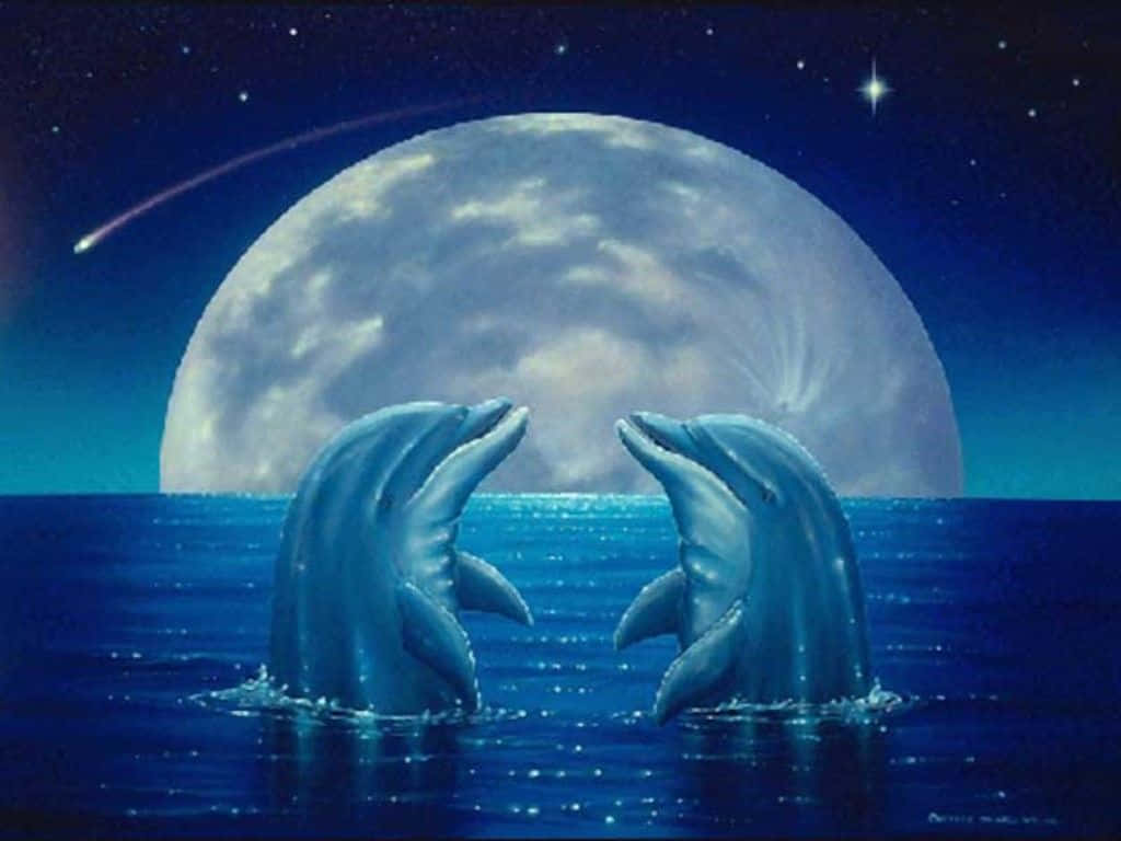 動物 桌布 壁紙 — 兩隻海豚從深藍色的海洋中躍起，在繁星點點的夜空下，一輪巨大的月亮和一顆流星劃過天際。