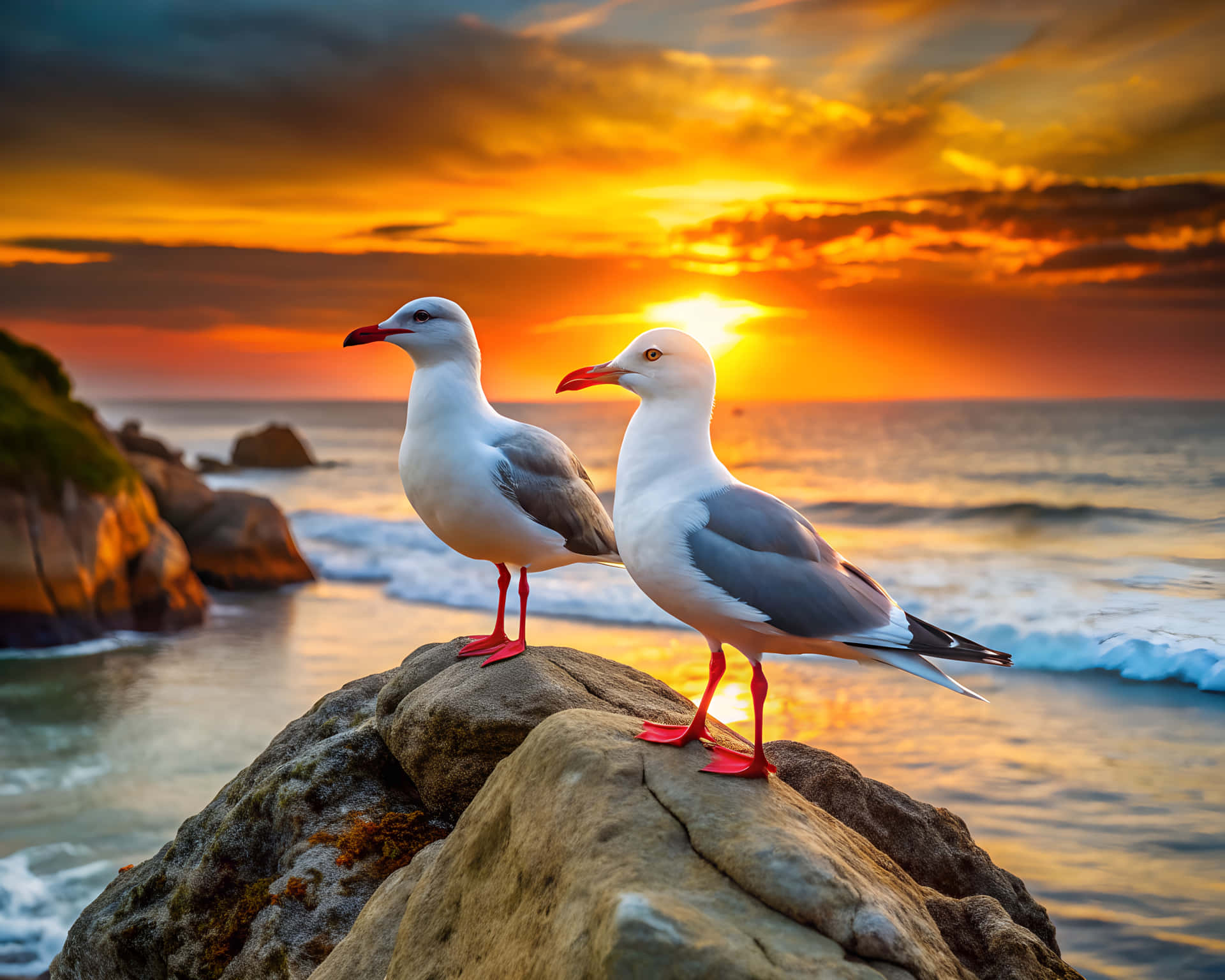 兩隻海鷗棲息在日落時的岩石上，有海浪和橙色天空 — 鳥 壁紙