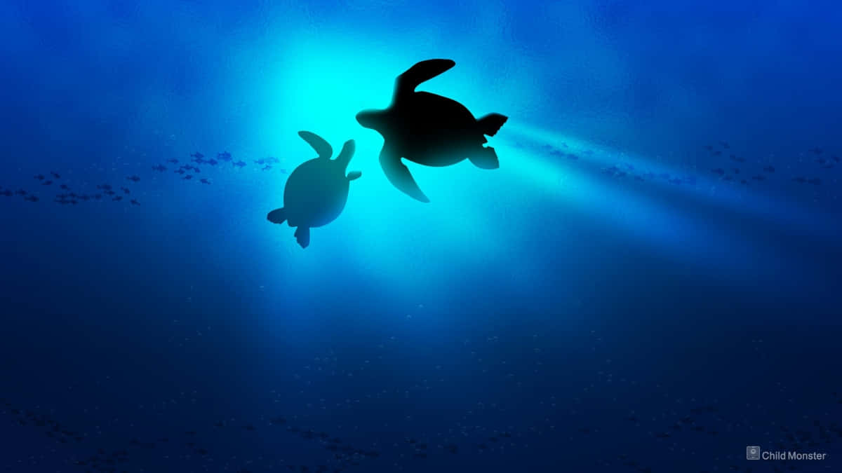 Baby Turtle 桌布 壁紙 — 兩隻海龜以剪影姿態在燦爛的藍色海洋中滑行，陽光從上方照射下來。