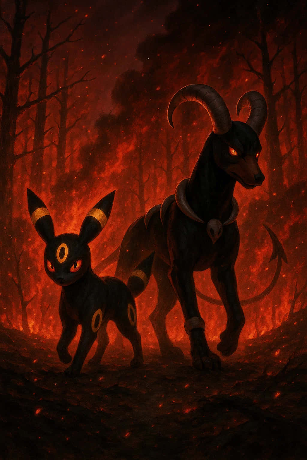 Umbreon Pokemon 4K HD Wallpaper WEBP MOBILE Backgrounds 壁紙 — 兩隻深色的寶可夢在血紅色天空下的火熱森林中站著，眼睛發出橙色光芒。