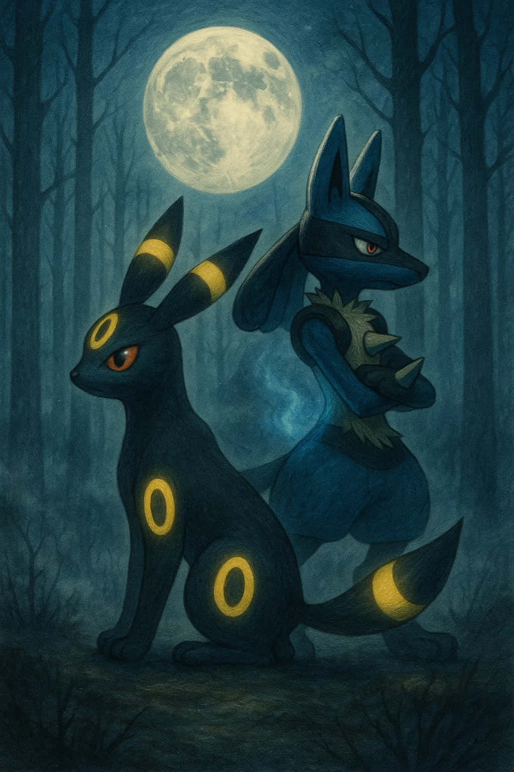 Umbreon Pokemon 4K HD Wallpaper WEBP MOBILE Backgrounds 壁紙 — 兩隻深藍色的寶可夢帶有發光黃色標記，坐在滿月下的迷霧森林中。