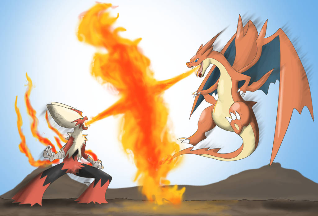 Blaziken 桌布 壁紙 — 兩隻火屬性寶可夢在岩石地形上方的明亮藍天背景下，於空中激烈碰撞，噴發出熾熱的火焰。