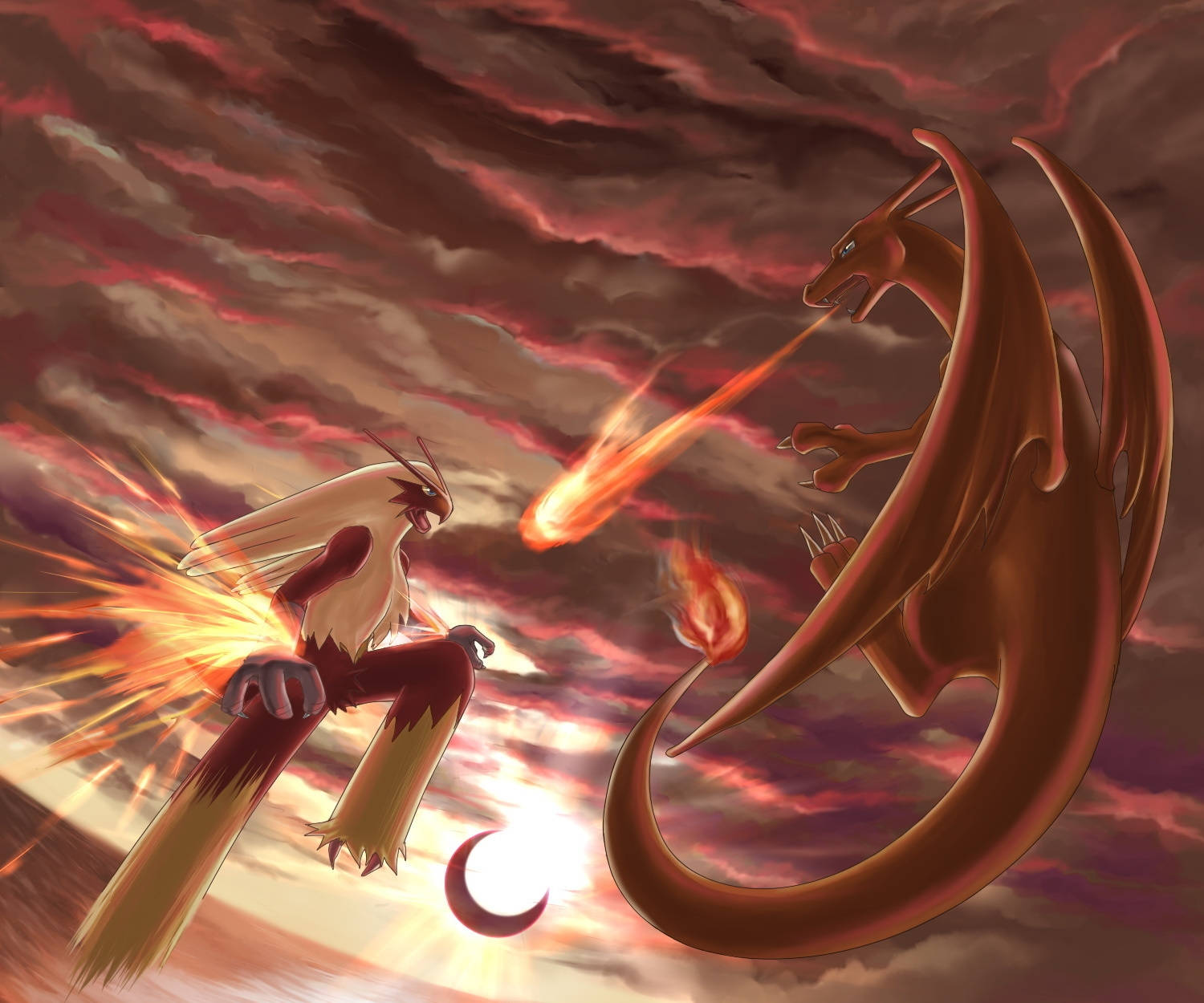 Blaziken 桌布 壁紙 — 兩隻火屬性寶可夢在戲劇性的天空中碰撞，其中一隻對著另一隻噴火，背景是夕陽。