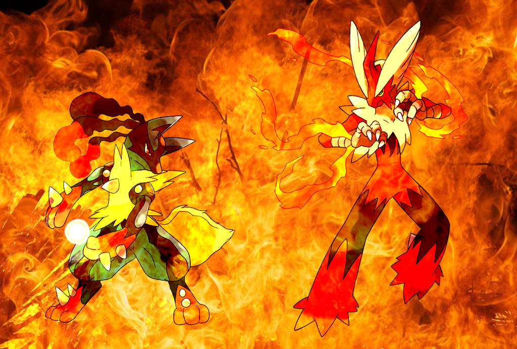 Blaziken 桌布 壁紙 — 兩隻火屬性寶可夢在旋轉的火焰中戰鬥，呈現出動態的動畫風格插圖。