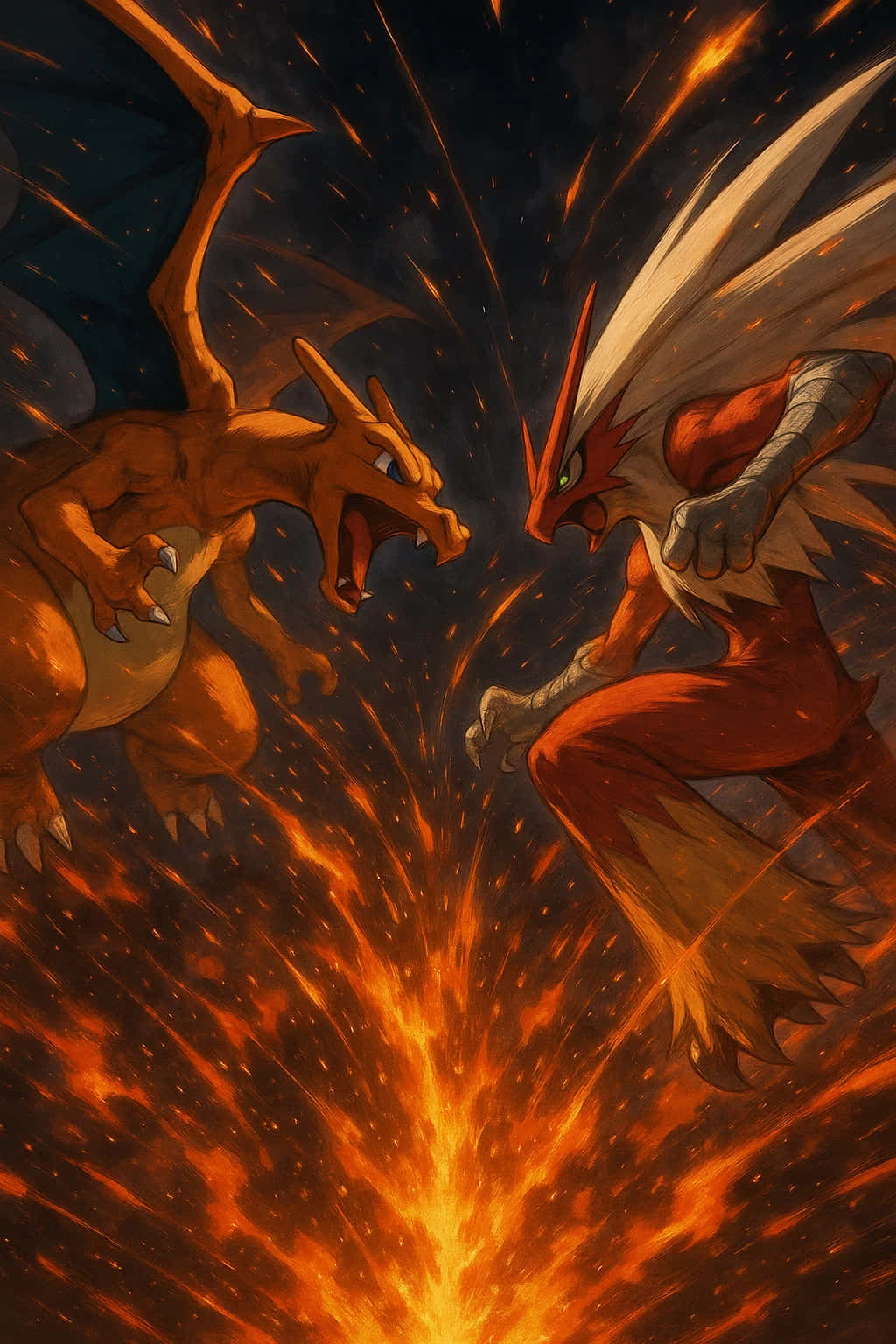 Charizard Pokemon HD Wallpaper WEBP 4K Background Download 壁紙 — 兩隻火屬性寶可夢在火山爆發中碰撞，火花在它們之間飛舞，映襯著黑暗的天空。