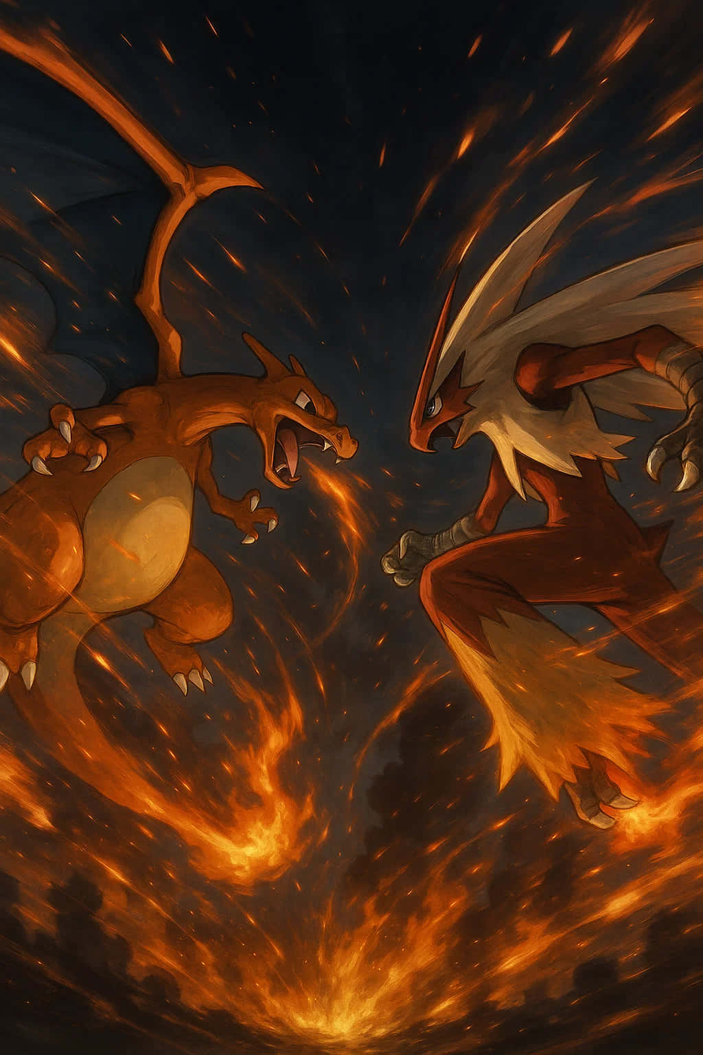 Charizard Pokemon HD Wallpaper WEBP 4K Background Download 壁紙 — 兩隻火屬性寶可夢在黑暗的天空背景下，於火花和熔焰的風暴中空中碰撞。