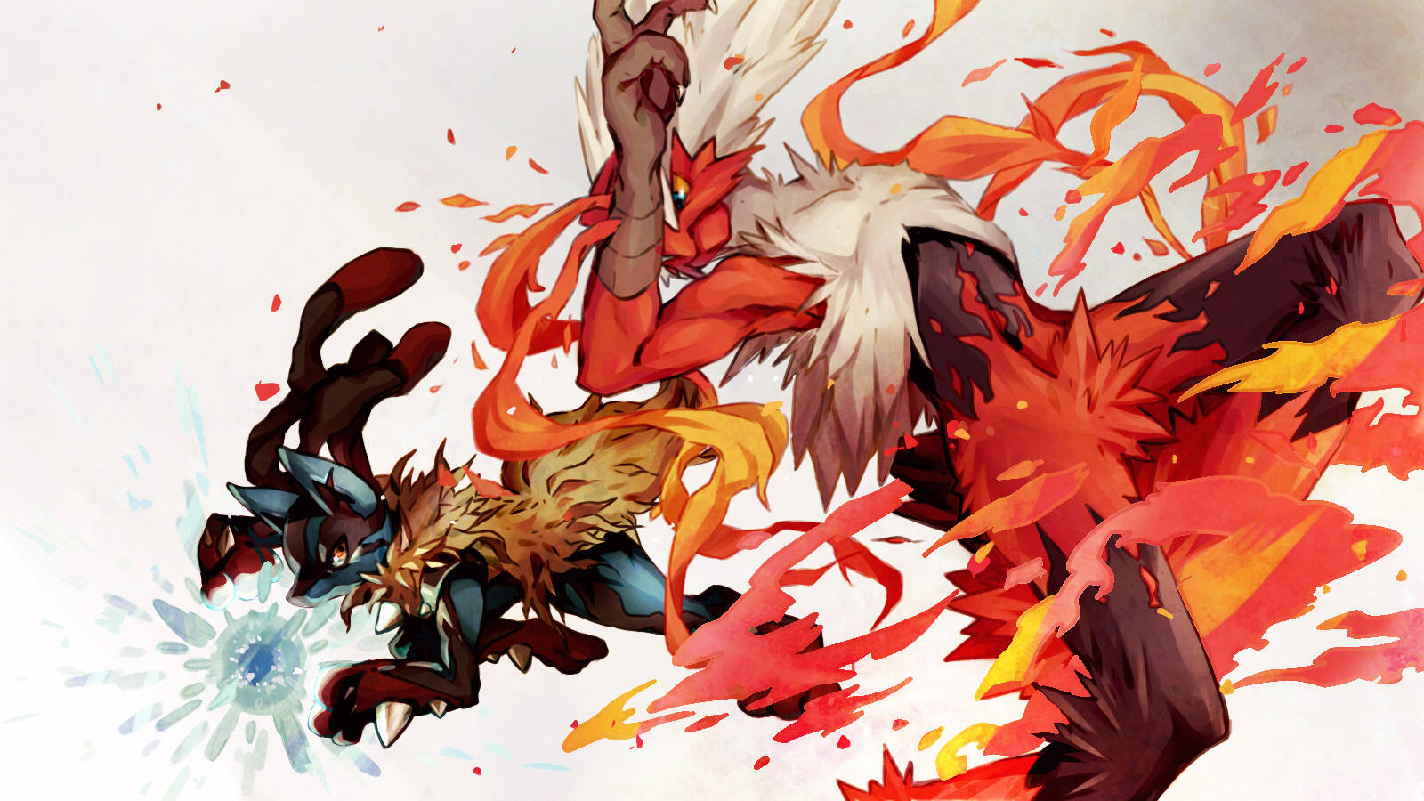 Blaziken 桌布 壁紙 — 兩隻火熱的動漫生物在純白背景上，以爆炸性的橙色火焰和冰冷的藍色能量動態碰撞。
