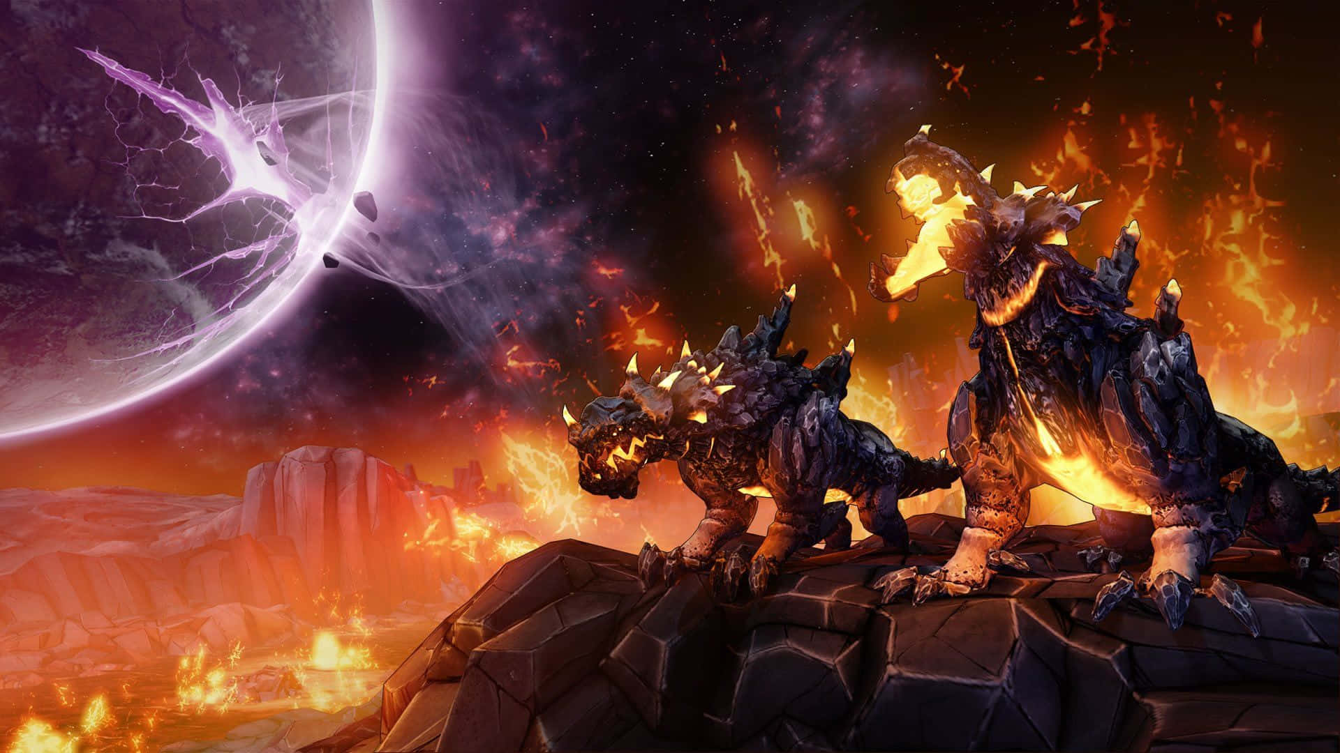 Borderlands 3 桌布 壁紙 — 兩隻火熱的尖刺怪物站在火山懸崖上，下方是發光的紫色行星，處於宇宙地獄之中。