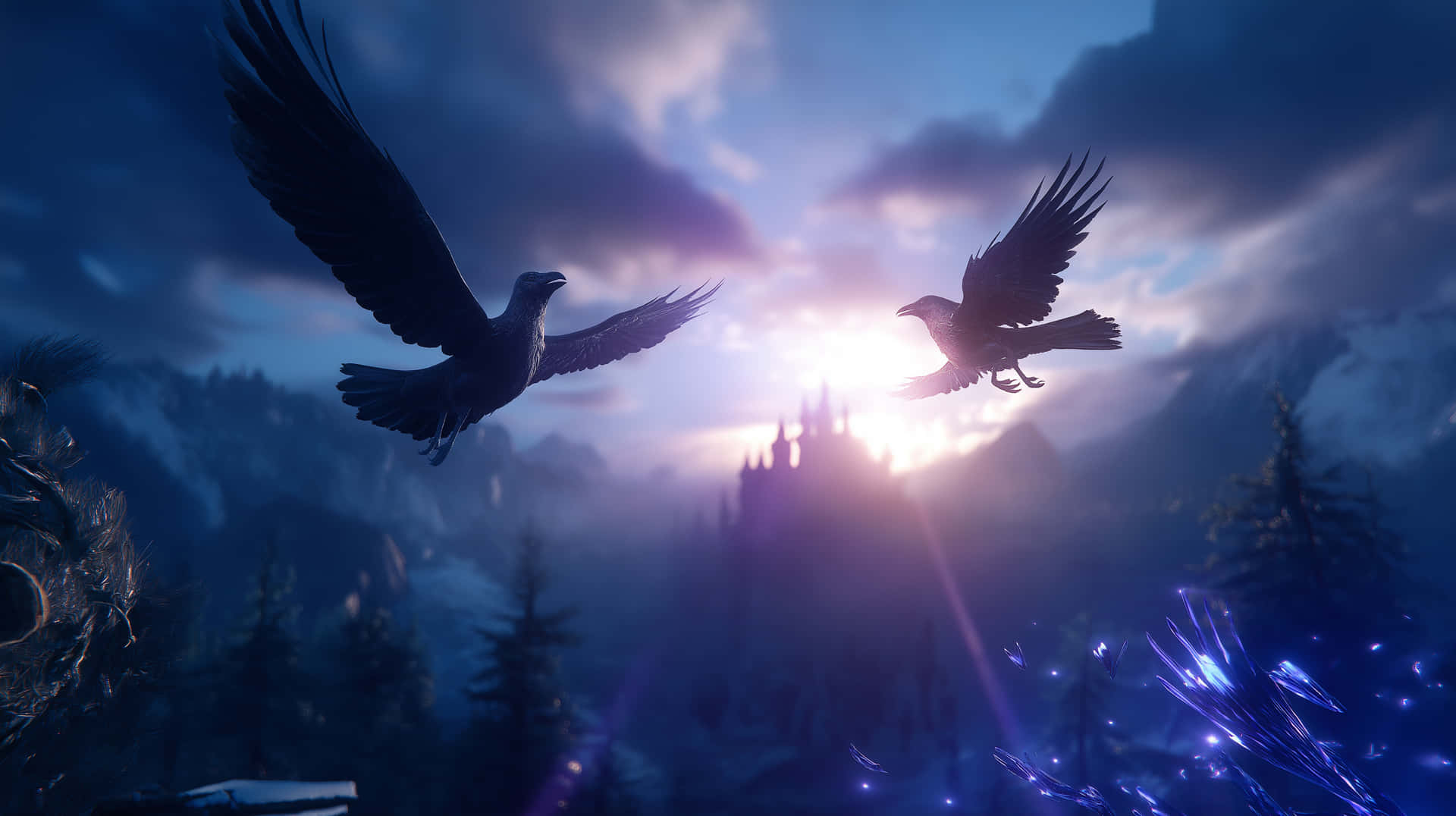 Two Majestic Crows Soaring Over Fantasy Landscape 壁紙 — 兩隻烏鴉在暮色天空中翱翔，一座發光的城堡在煙霧繚繞的山脈和發光的藍色植物後方升起。