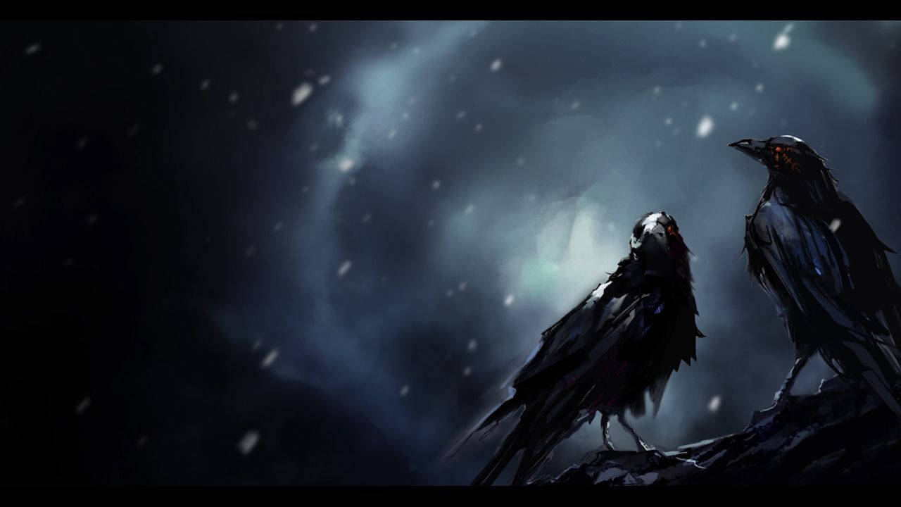 Animated 桌布 壁紙 — 兩隻烏鴉棲息在積雪的樹枝上，背景是旋轉的深藍色和藍綠色暴風雪天空，雪花飄落。