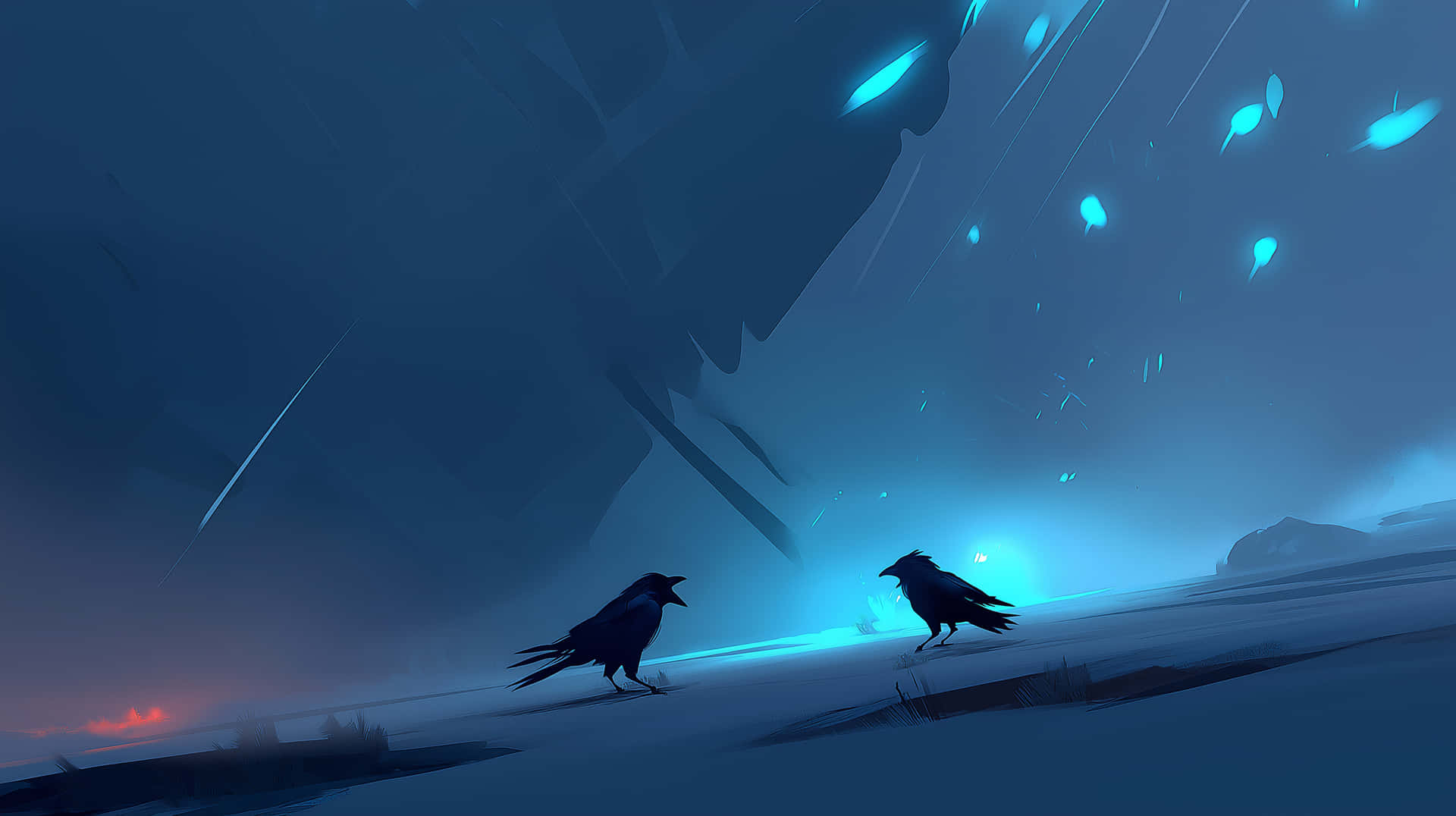 Two Crows in a Luminous Winter Landscape 壁紙 — 兩隻烏鴉站在雪原上，廣闊藍天下有發光粒子飄落。