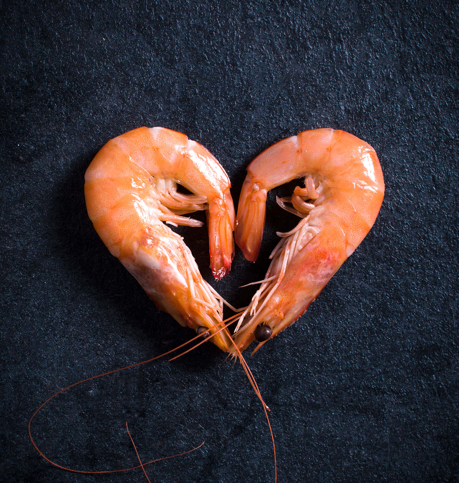 Seafood 桌布 壁紙 — 兩隻熟蝦在深色紋理表面上排列成心形。