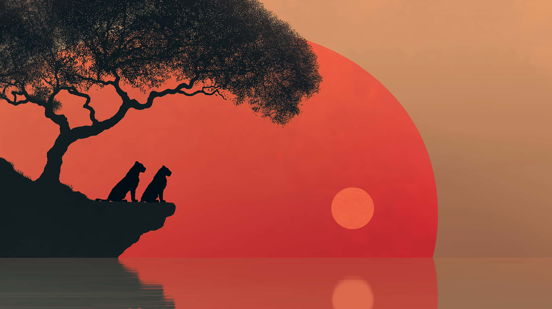 Stylized Sunset Landscape with Lions Under a Baobab Tree Reflection 壁紙 — 兩隻狗在懸崖邊一棵茂密的樹下以剪影姿態坐著，觀看巨大的紅色太陽在平靜的水面上落下。