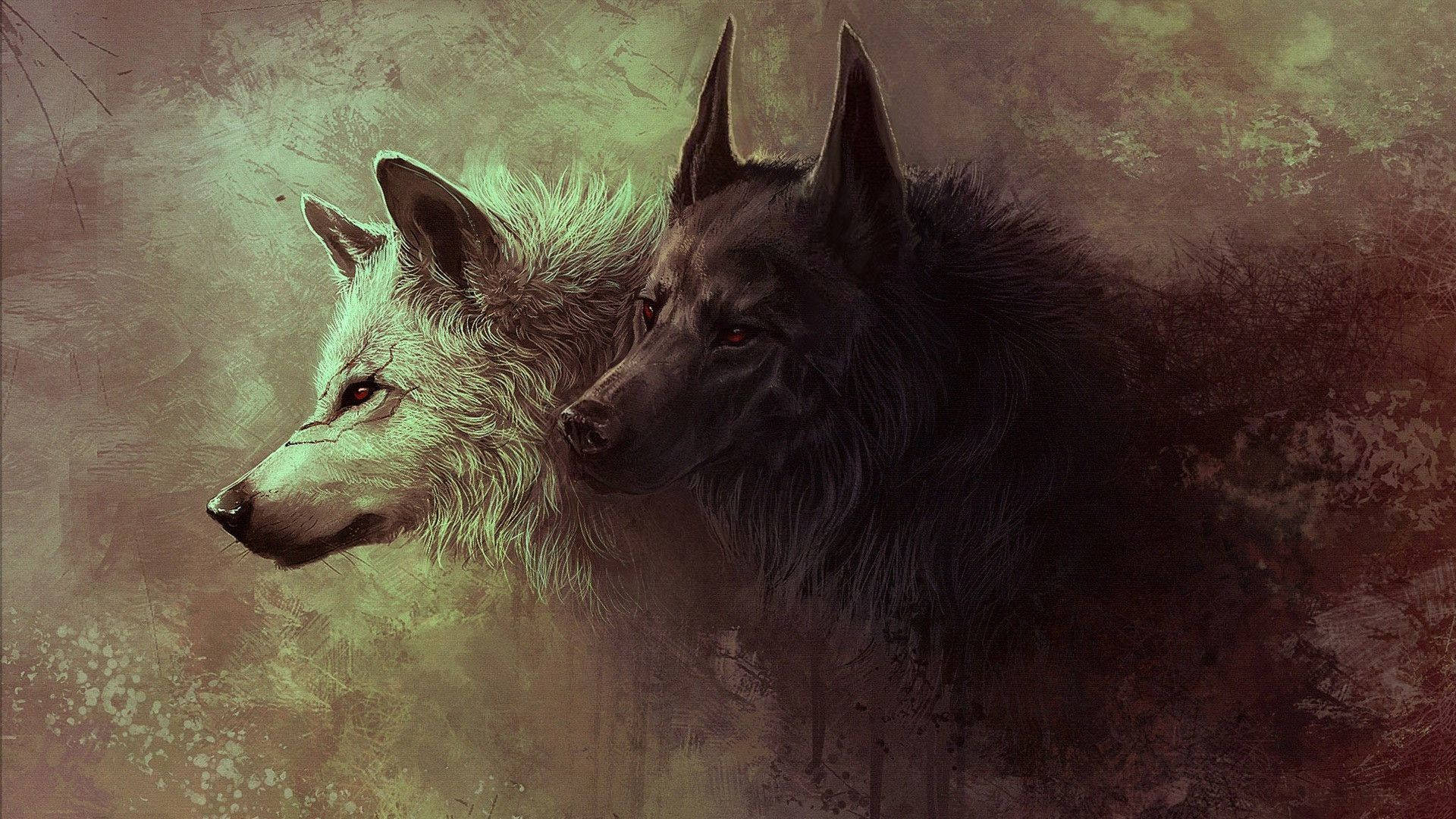 HD Wolf 桌布 壁紙 — 兩隻狼，一白一黑，並肩凝視著帶有紋理的土色背景。