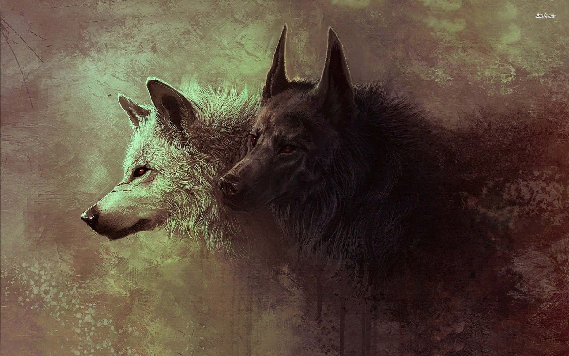 Cute Wolves 桌布 壁紙 — 兩隻狼，一白一黑，向前凝視，背景是紋理粗糙的頹廢風格，帶有柔和的大地色調。