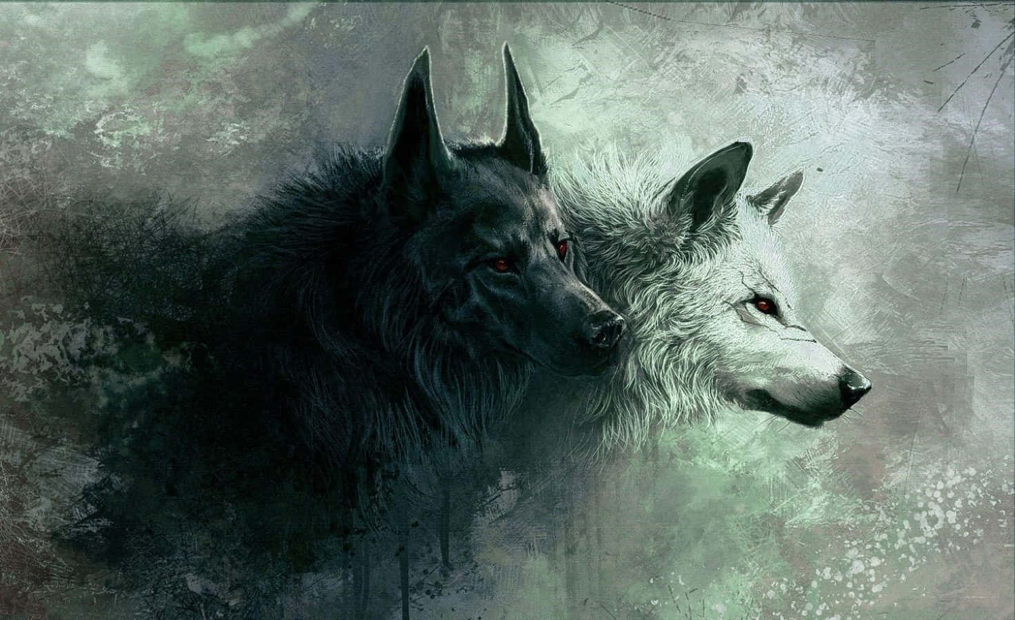 3d Wolf 桌布 壁紙 — 兩隻狼，一黑一白，閃爍著紅色眼睛凝視前方，背景是帶有紋理的灰色和綠色迷霧。