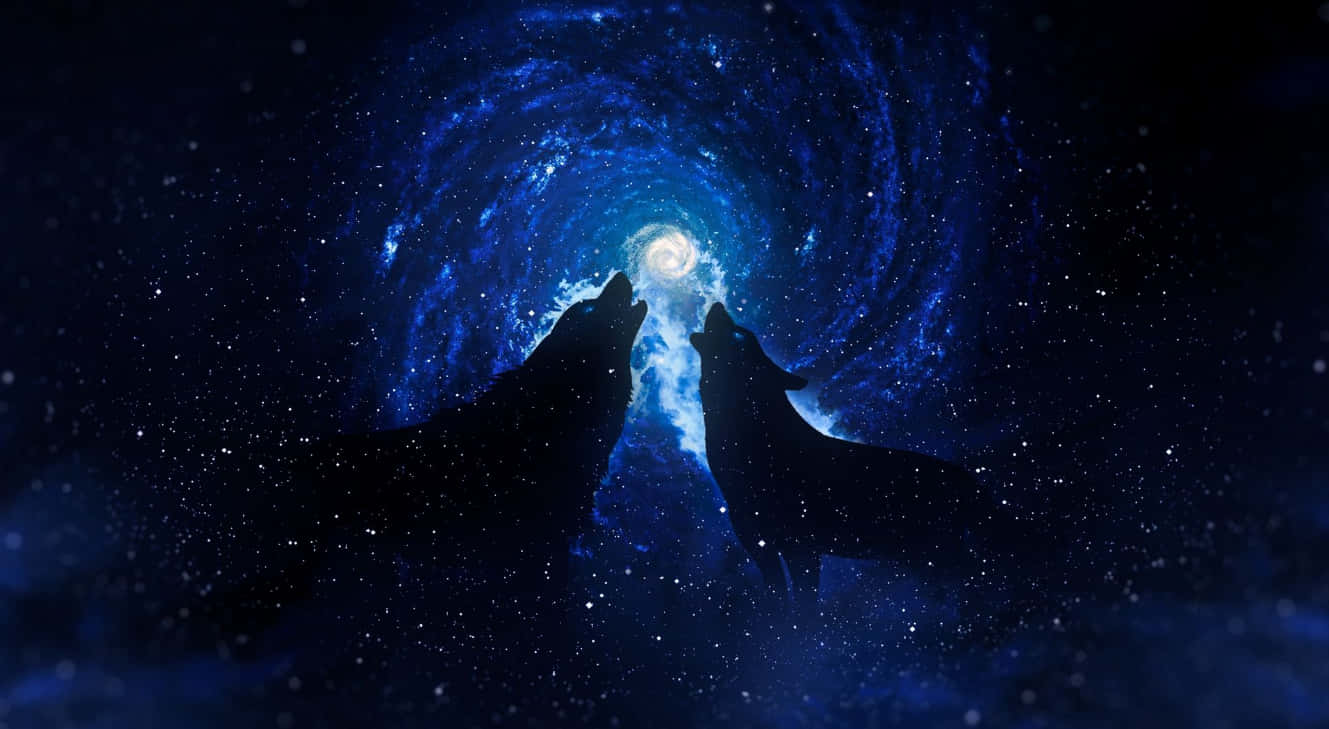 銀河狼 桌布 壁紙 — 兩隻狼向著一個由藍色星星和發光星雲組成的旋轉宇宙隧道嚎叫。