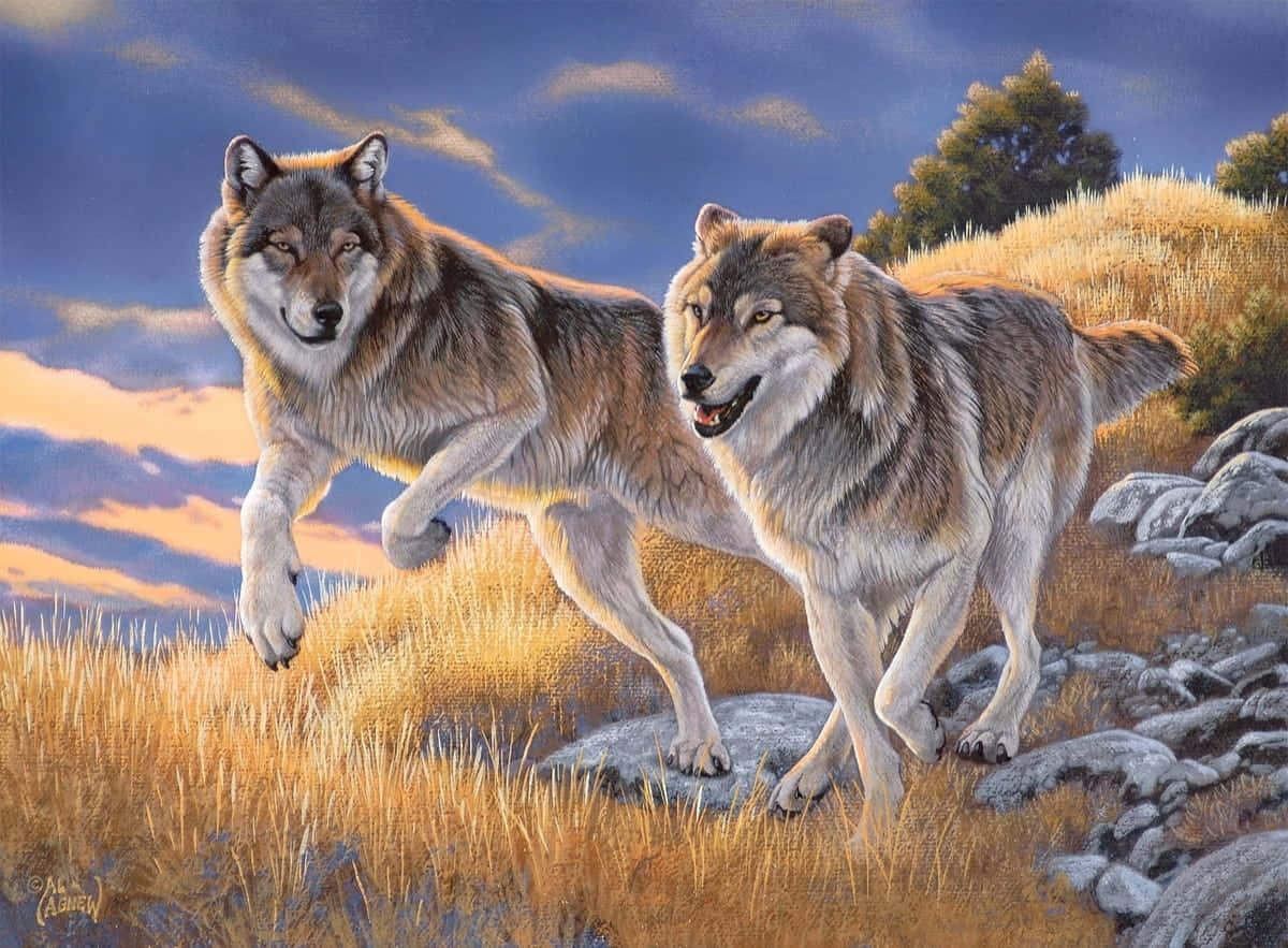 Wolf In Summer 桌布 壁紙 — 兩隻狼在佈滿散雲的戲劇性暮色天空下，強而有力地走過金色的草坡。