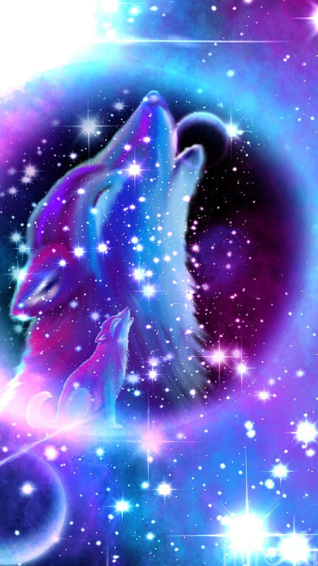 Galaxy Wolves 桌布 壁紙 — 兩隻狼在充滿活力的宇宙背景下向上嚎叫，背景是旋轉的紫色、藍色和閃爍的星星，以及發光的天體球體。