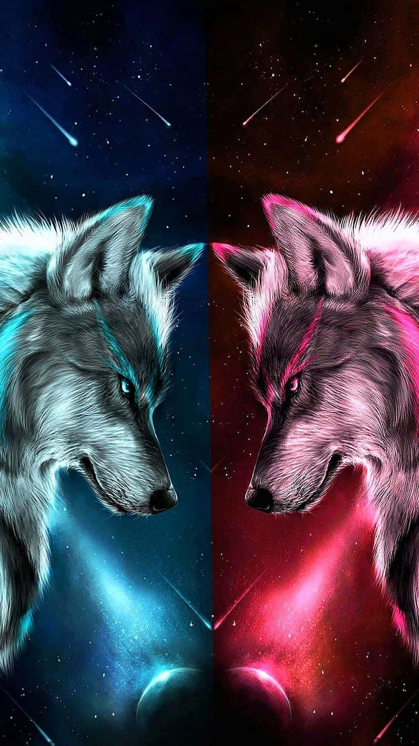 Blue And Pink Aesthetic Neon 桌布 壁紙 — 兩隻狼在宇宙背景下對峙，一隻藍色一隻粉紅色，伴有流星和星雲。