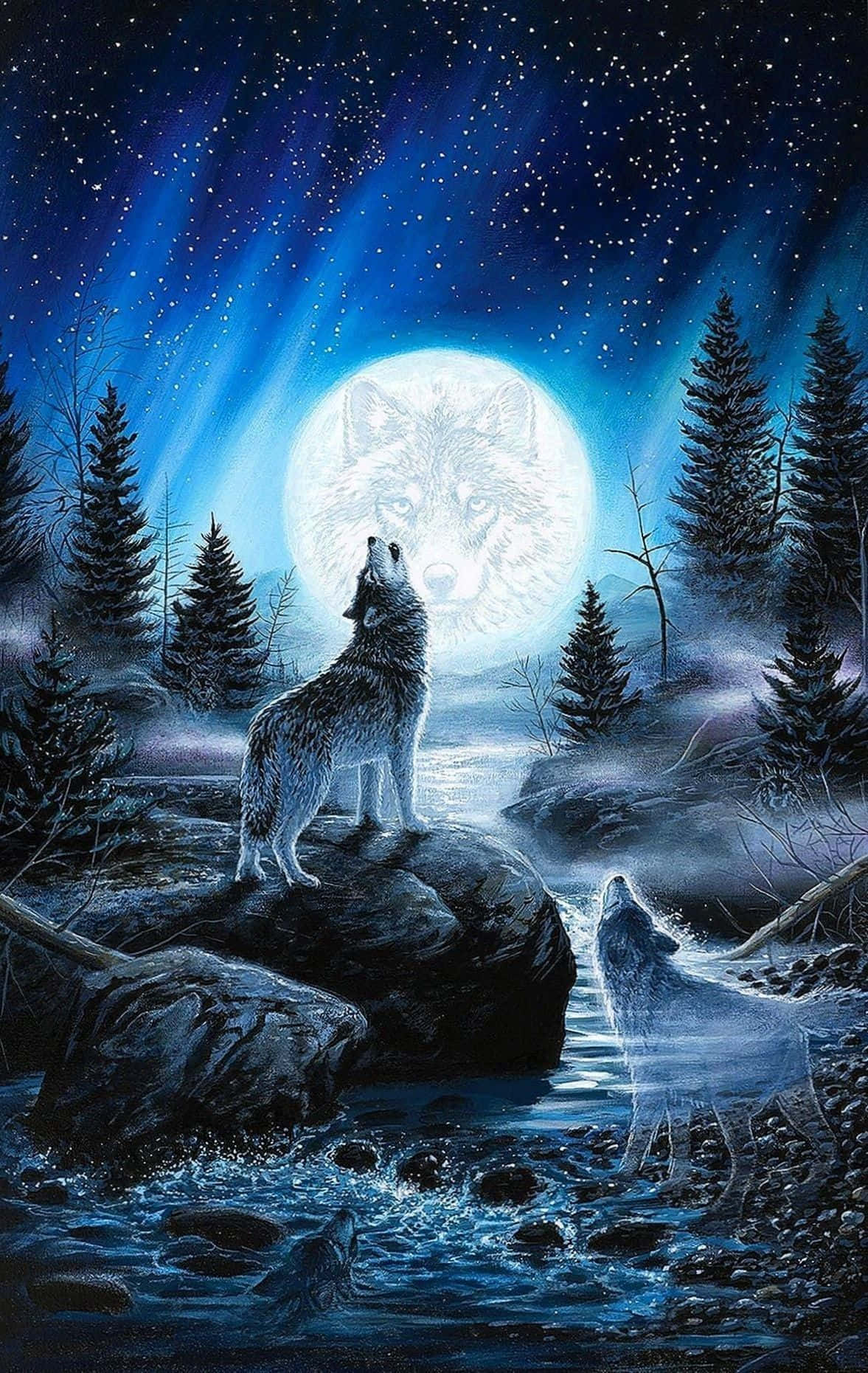 Wolf Howling 桌布 壁紙 — 兩隻狼在明亮的月亮下嚎叫，月亮上投射著狼的臉，周圍是白雪覆蓋的松樹和繁星點點的夜空。
