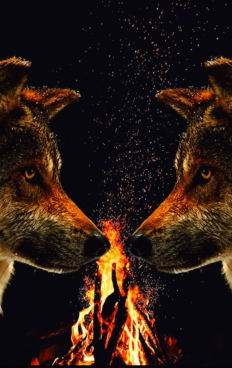 Dogs 桌布 壁紙 — 兩隻狼在熊熊營火上方對峙，火花在黑色背景中飛舞。