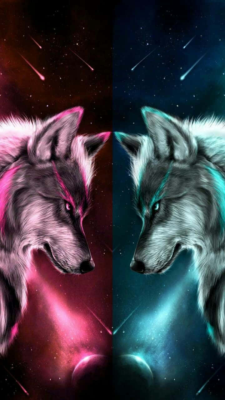 Fire And Ice Wolf 桌布 壁紙 — 兩隻狼在粉紅色和藍綠色的星雲及流星背景下對峙。