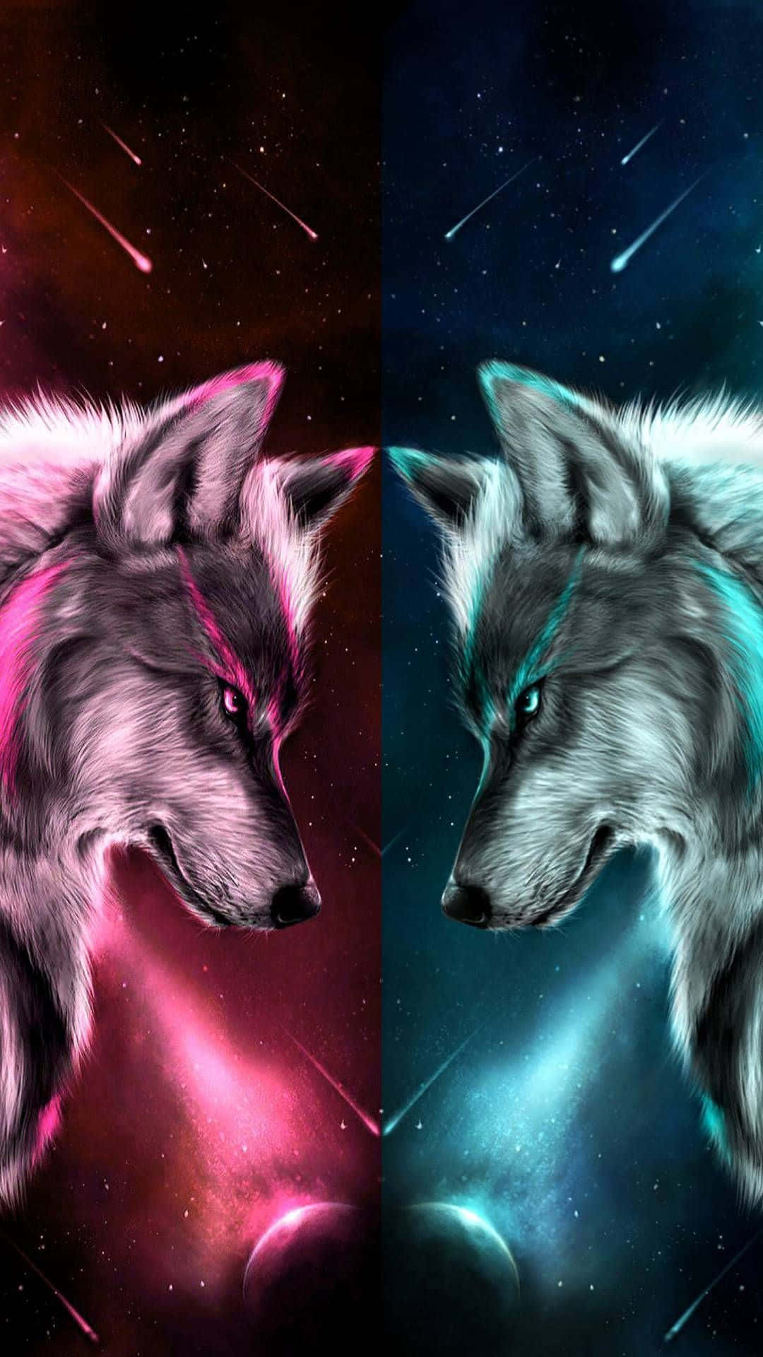 桌布 壁紙 — 兩隻狼在粉紅色和藍色星雲及流星背景下面對面。