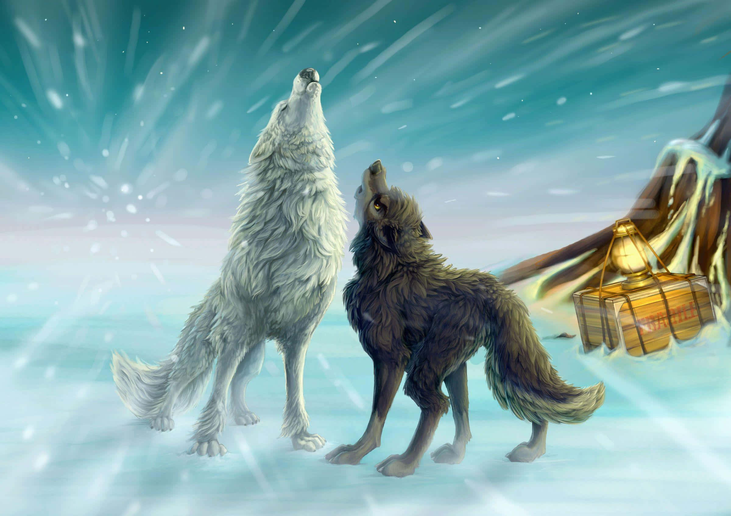 3d Wolf 桌布 壁紙 — 兩隻狼在雪地中向上嚎叫，一盞發光的燈籠漂浮在結冰的樹旁。