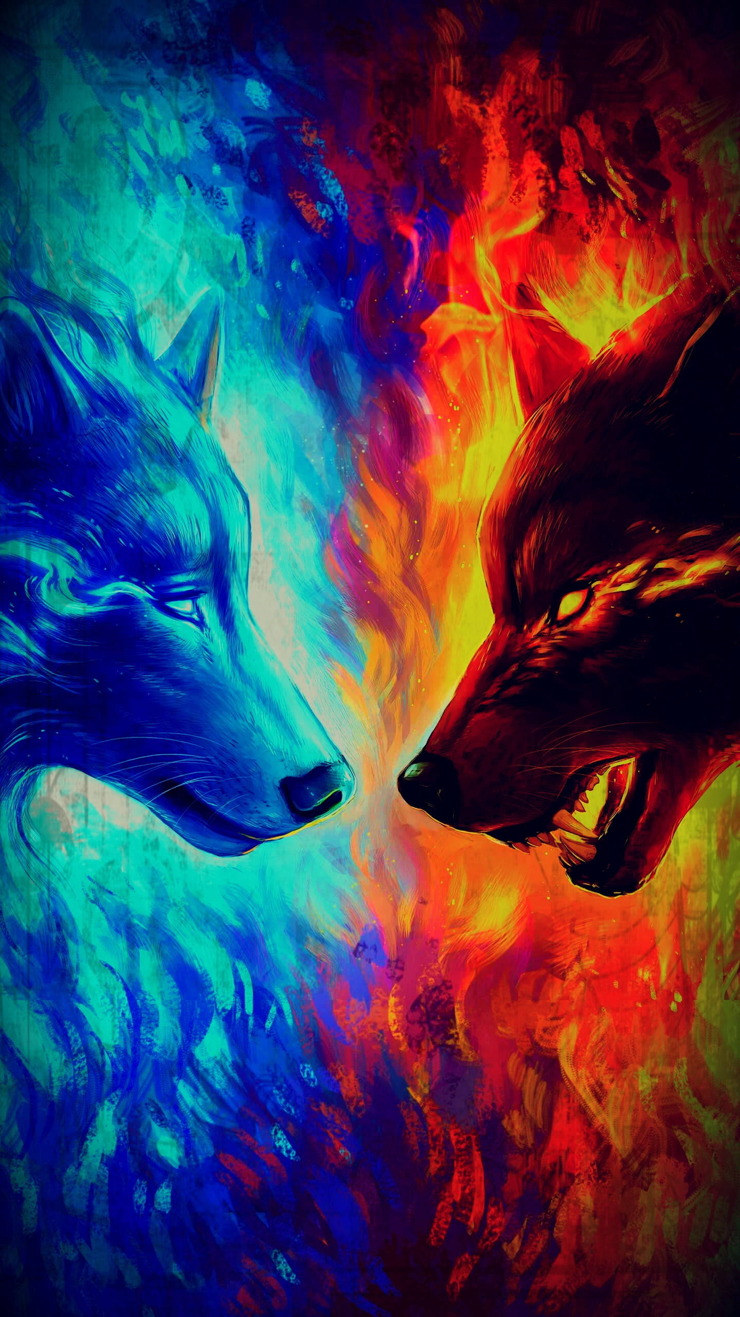 Fire And Ice 桌布 壁紙 — 兩隻狼對峙——一隻冰藍冷靜，另一隻火紅兇猛——陷入一場戲劇性的繪畫對峙。