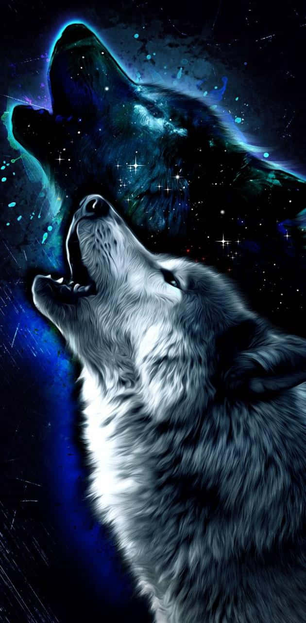 桌布 壁紙 — 兩隻狼對著充滿電光藍和紫色星雲的宇宙背景向上嚎叫。
