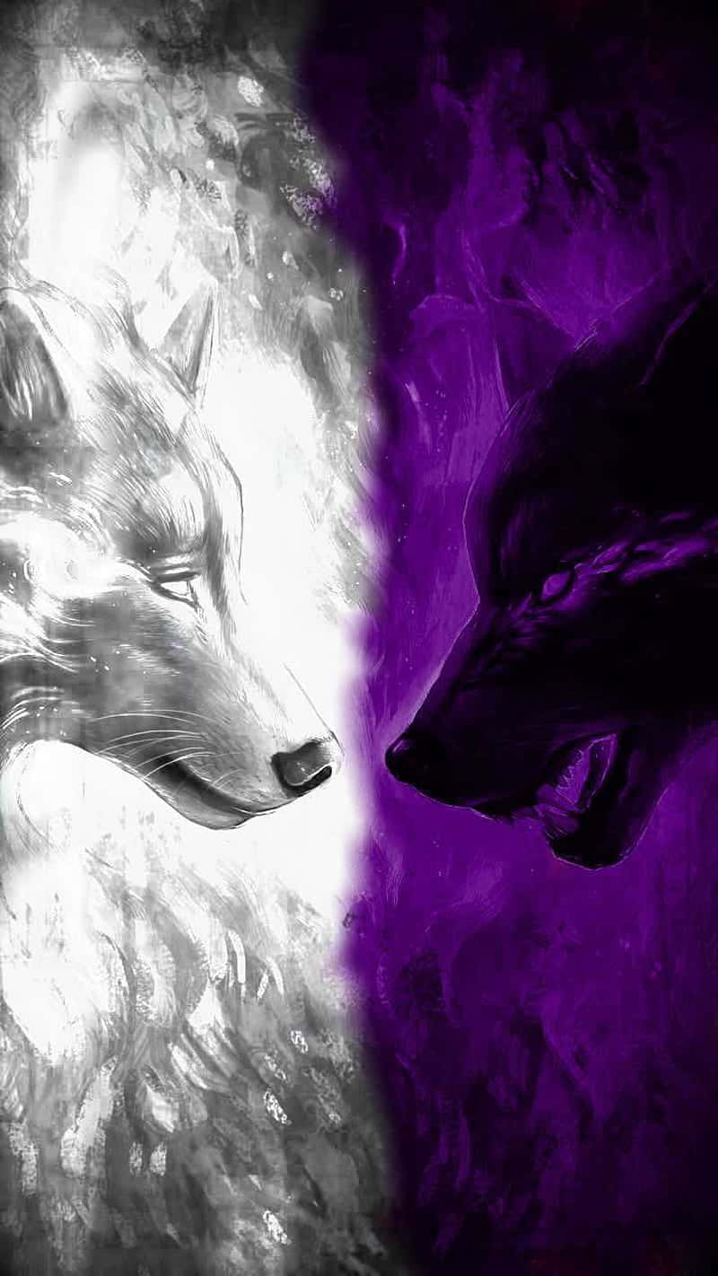 Cute Wolves 桌布 壁紙 — 兩隻狼面對面——一隻以白色和灰色呈現平靜，另一隻以深紫色呈現兇猛——被一道鮮明的垂直分割線分開。