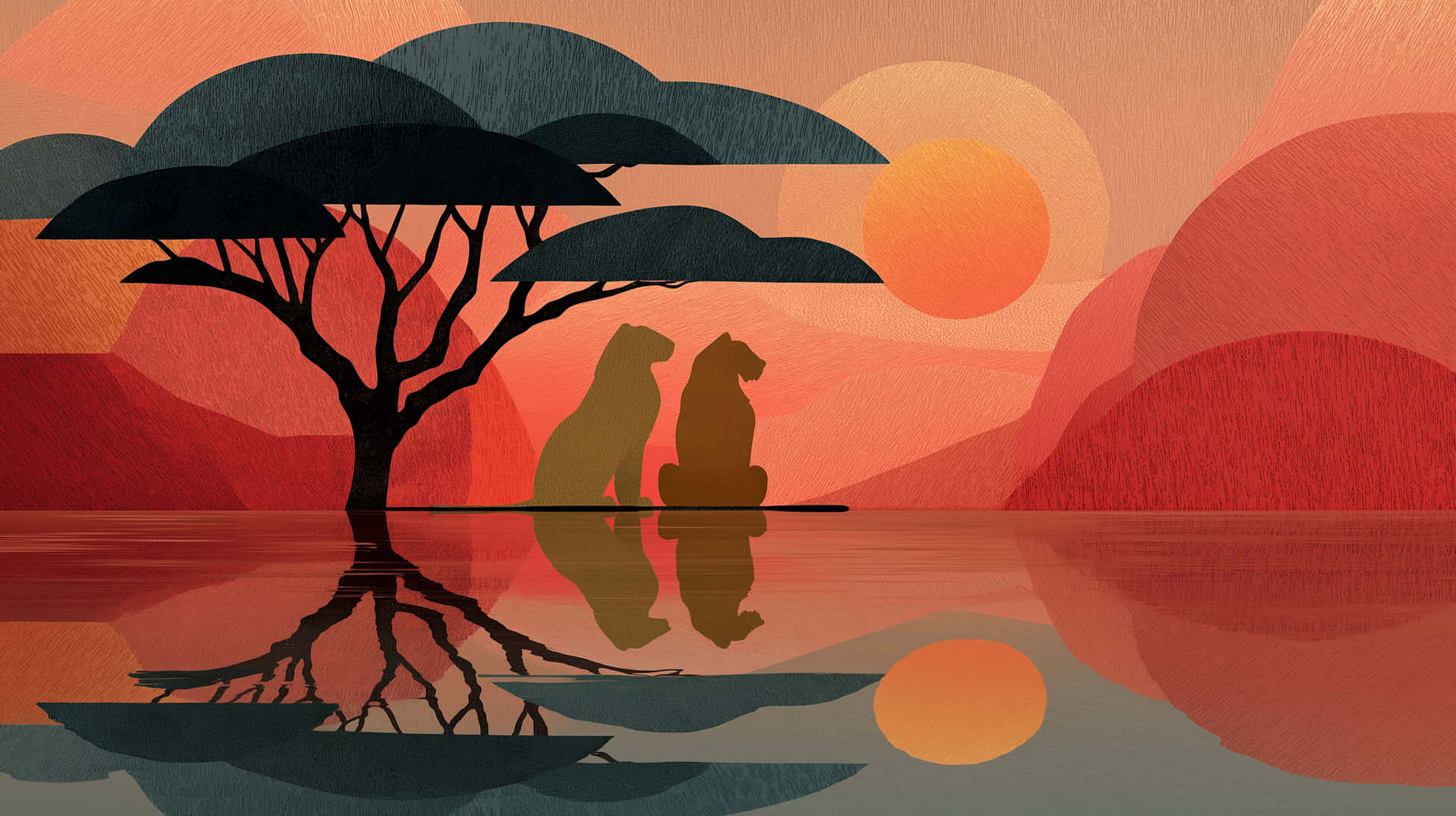 Stylized Sunset Landscape with Lions Under a Baobab Tree Reflection 壁紙 — 兩隻獅子坐在剪影般的金合歡樹下，夕陽映照在平靜的水面上，呈現出橙色、紅色和藍綠色的層次色調。